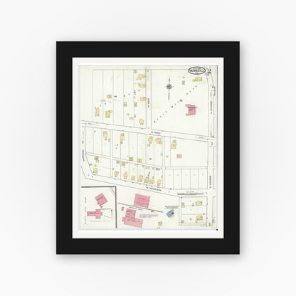 Old map wall art mockup — black gallery frame with white mat — Sanborn Fire Insurance Map from Mooresville, Morgan County, Indiana (1920), Sheet #0002