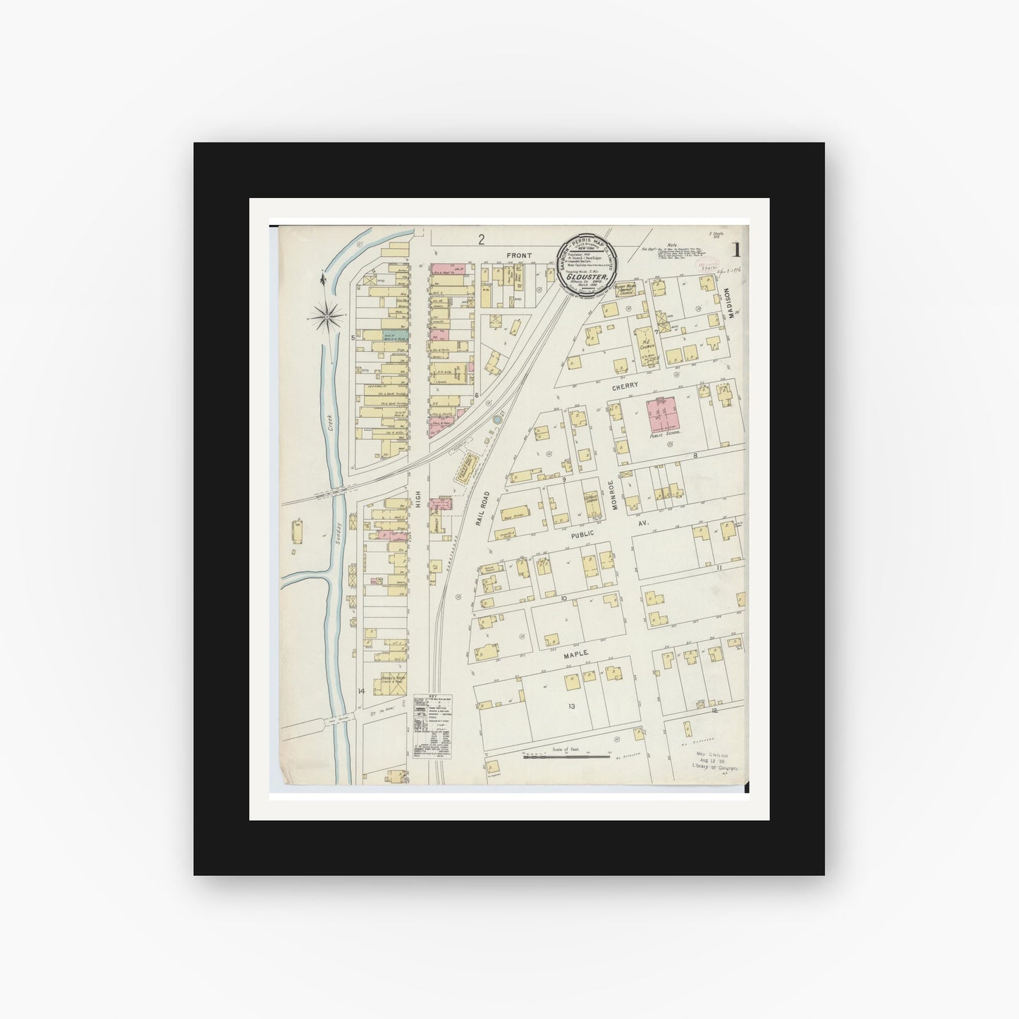Old map wall art mockup — black gallery frame with white mat — Sanborn Fire Insurance Map from Glouster, Athens County, Ohio (1896) - Complete Map Set