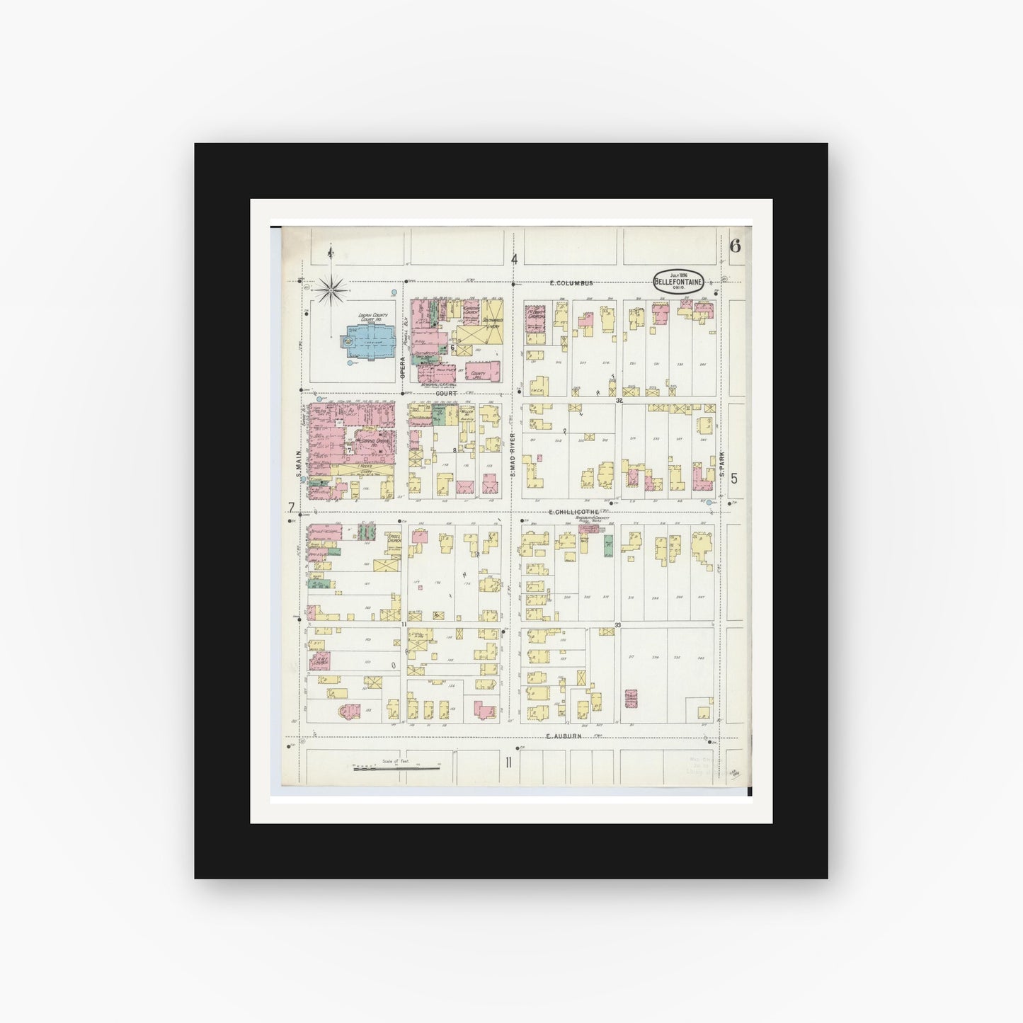 Old map wall art mockup — black gallery frame with white mat — Sanborn Fire Insurance Map from Bellefontaine, Logan County, Ohio (1896), Sheet #0006
