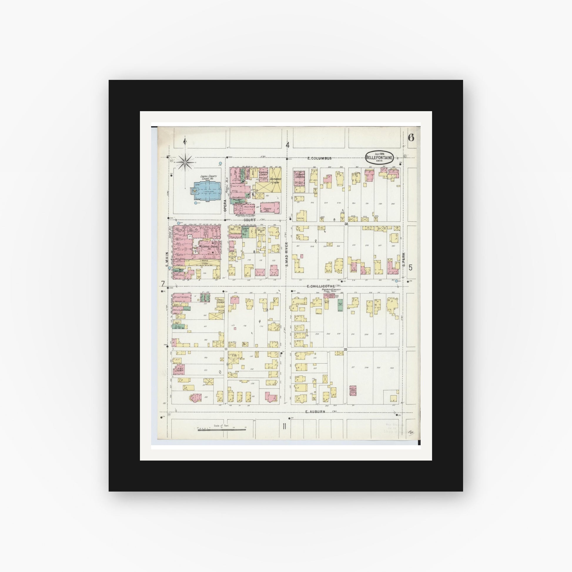 Old map wall art mockup — black gallery frame with white mat — Sanborn Fire Insurance Map from Bellefontaine, Logan County, Ohio (1896), Sheet #0006