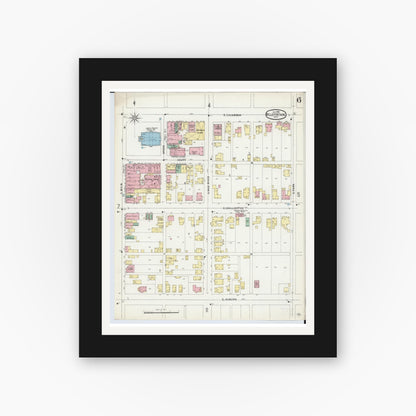 Old map wall art mockup — black gallery frame with white mat — Sanborn Fire Insurance Map from Bellefontaine, Logan County, Ohio (1896), Sheet #0006