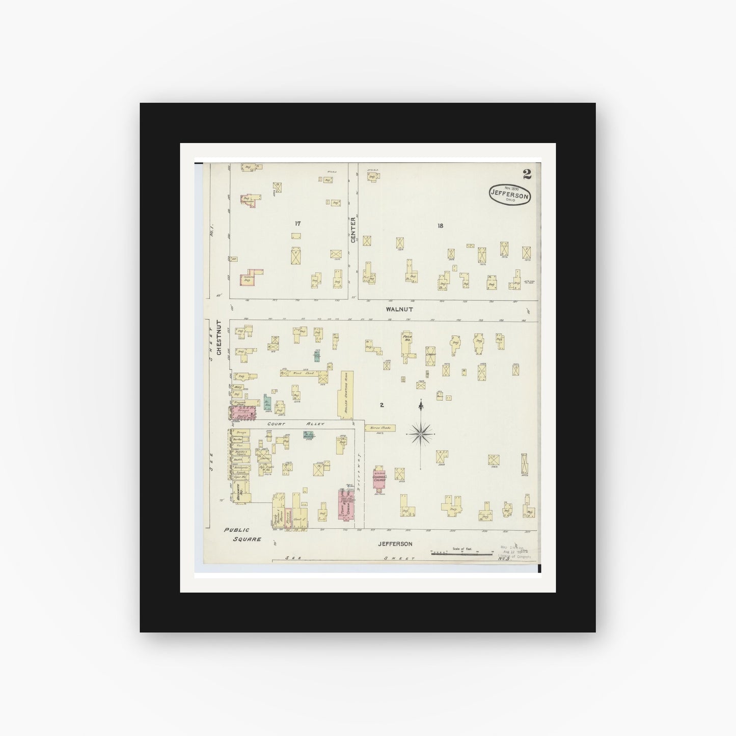 Old map wall art mockup — black gallery frame with white mat — Sanborn Fire Insurance Map from Jefferson, Ashtabula County, Ohio (1890), Sheet #0002