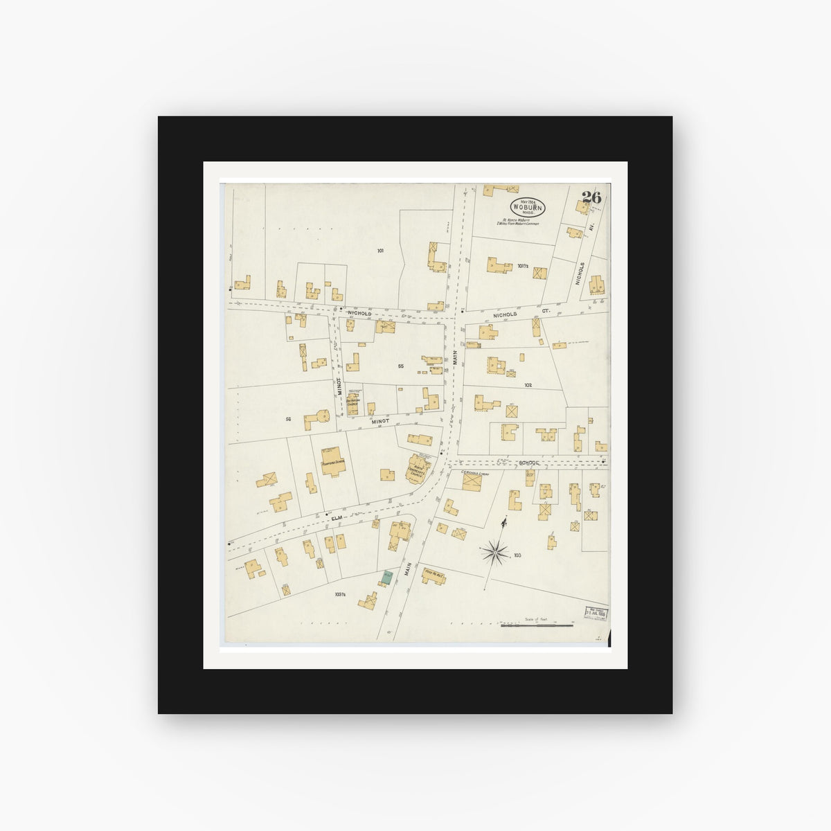 Old map wall art mockup — black gallery frame with white mat — Sanborn Fire Insurance Map from Woburn, Middlesex County, Massachusetts (1904), Sheet #0026