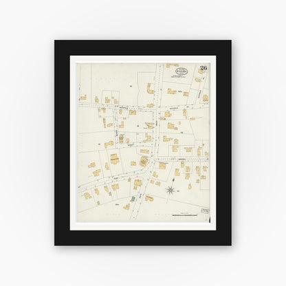 Old map wall art mockup — black gallery frame with white mat — Sanborn Fire Insurance Map from Woburn, Middlesex County, Massachusetts (1904), Sheet #0026