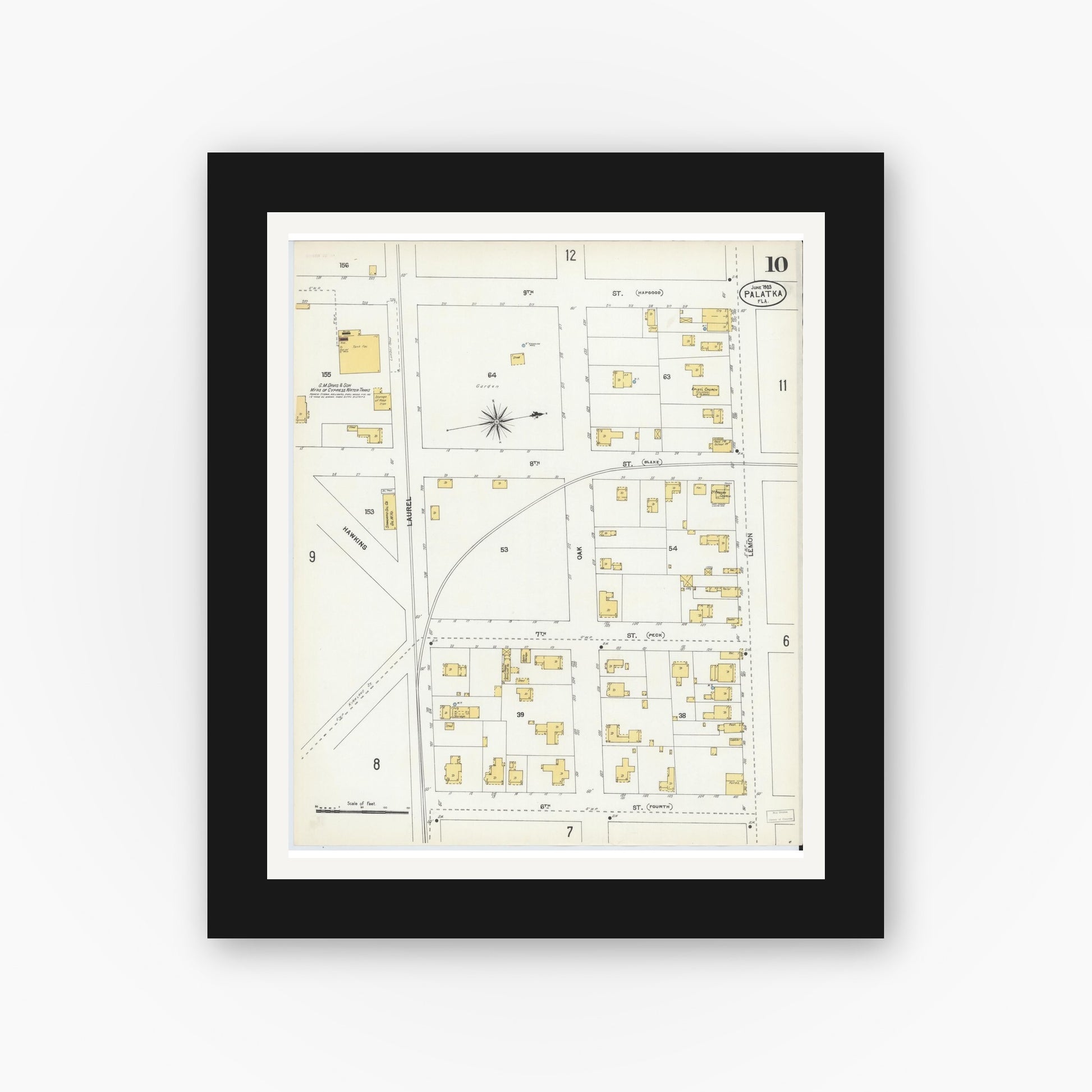 Old map wall art mockup — black gallery frame with white mat — Sanborn Fire Insurance Map from Palatka, Putnam County, Florida (1903), Sheet #0010