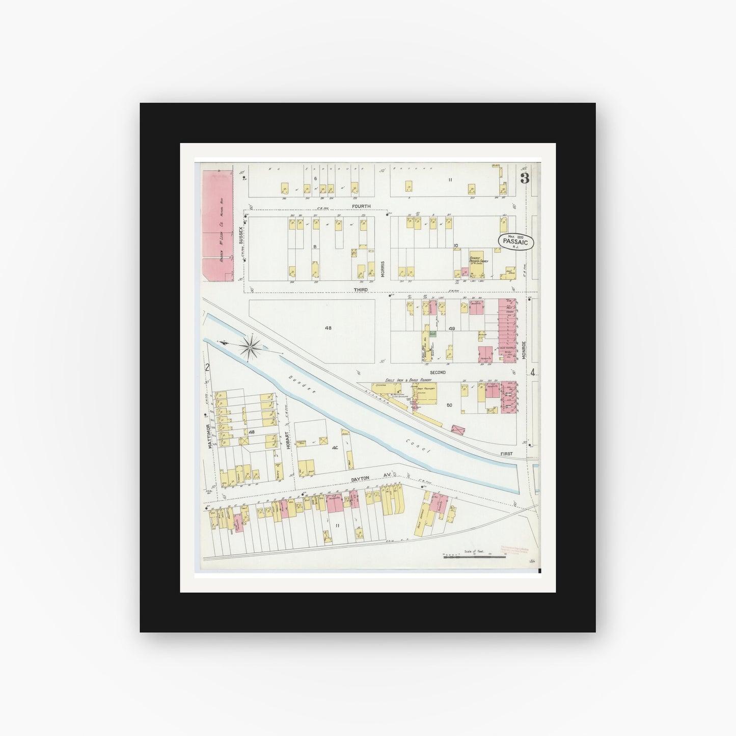 Old map wall art mockup — black gallery frame with white mat — Sanborn Fire Insurance Map from Passaic, Passaic County, New Jersey (1899), Sheet #0003