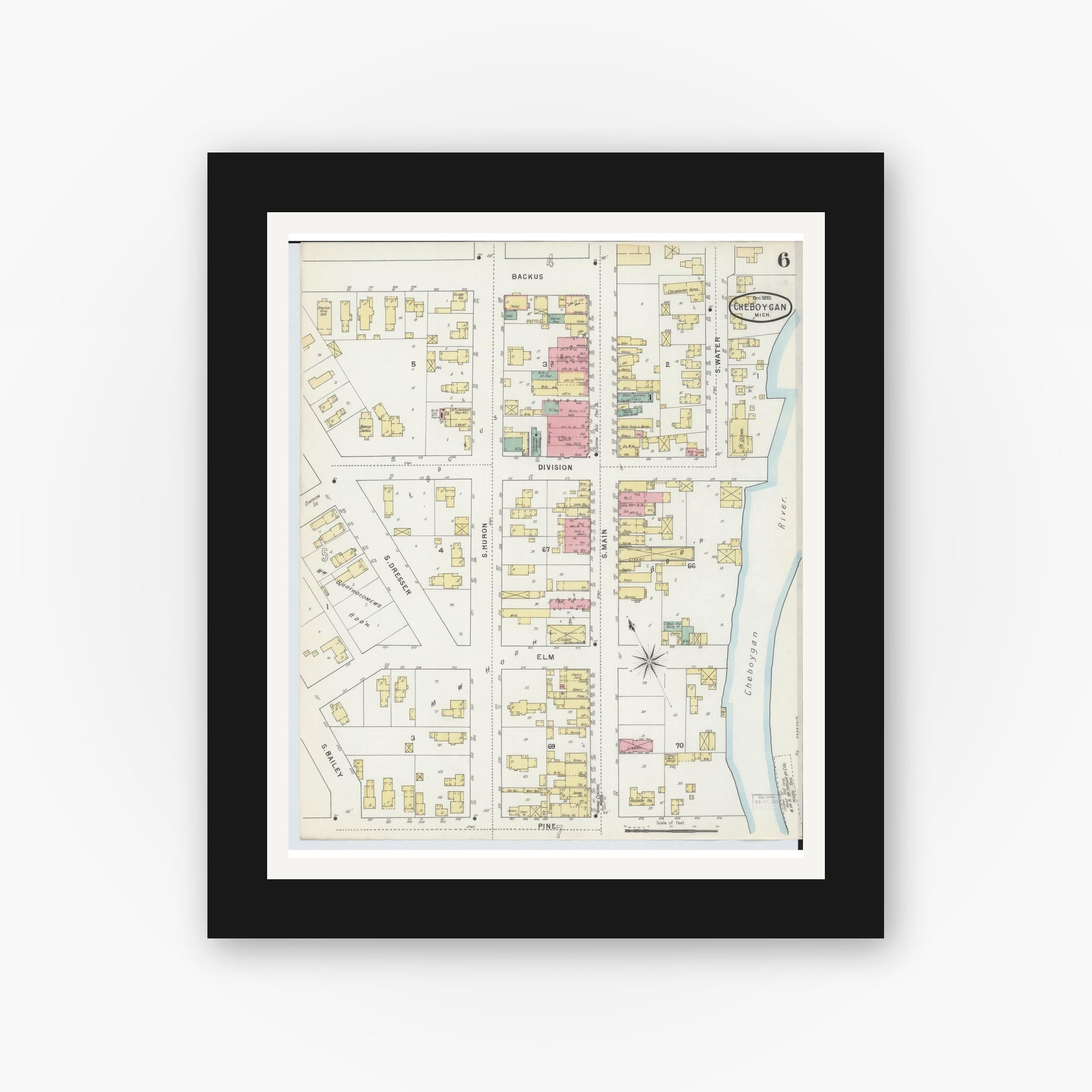 Old map wall art mockup — black gallery frame with white mat — Sanborn Fire Insurance Map from Cheboygan, Cheboygan County, Michigan (1895), Sheet #0006