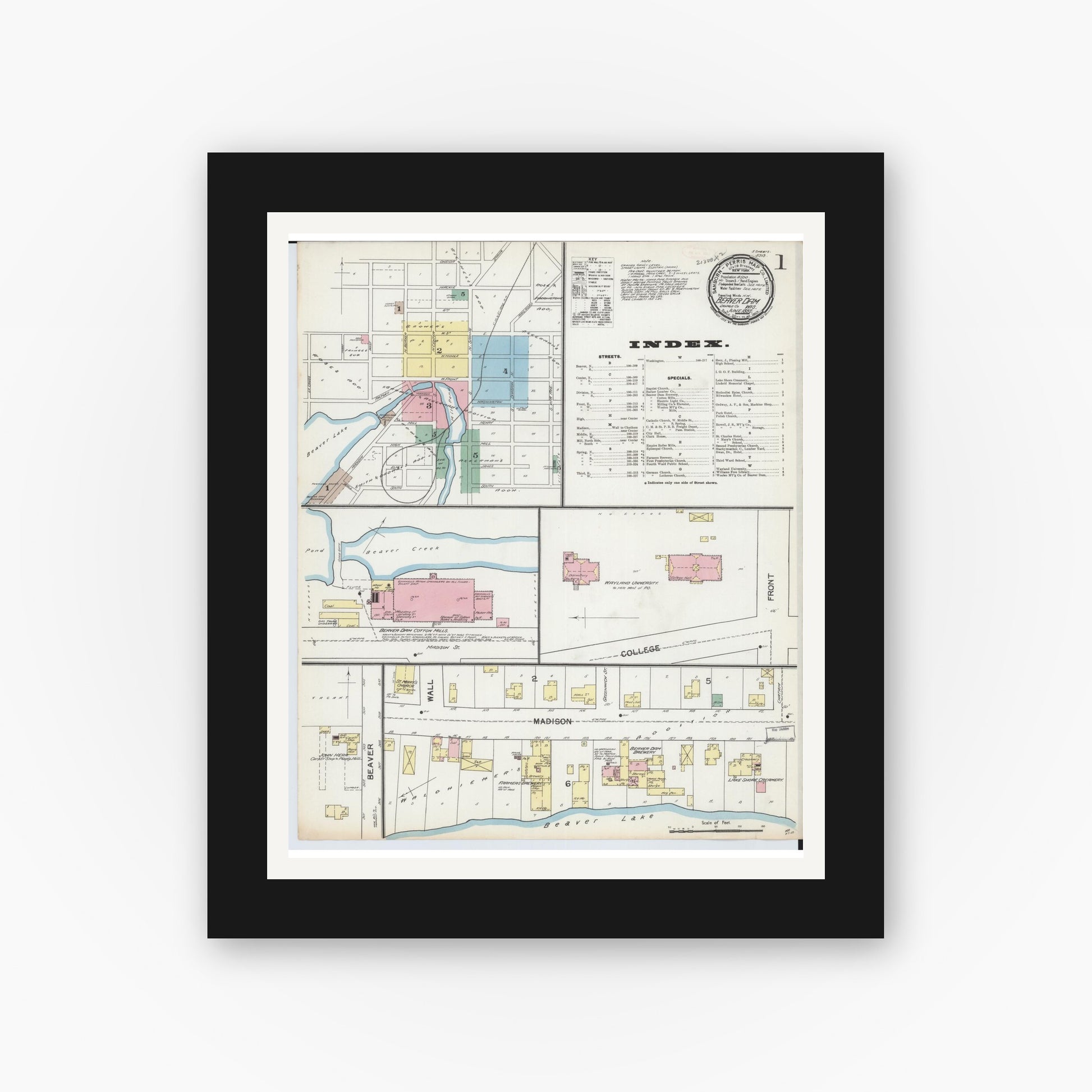 Old map wall art mockup — black gallery frame with white mat — Sanborn Fire Insurance Map from Beaver Dam, Dodge County, Wisconsin (1892) - Complete Map Set