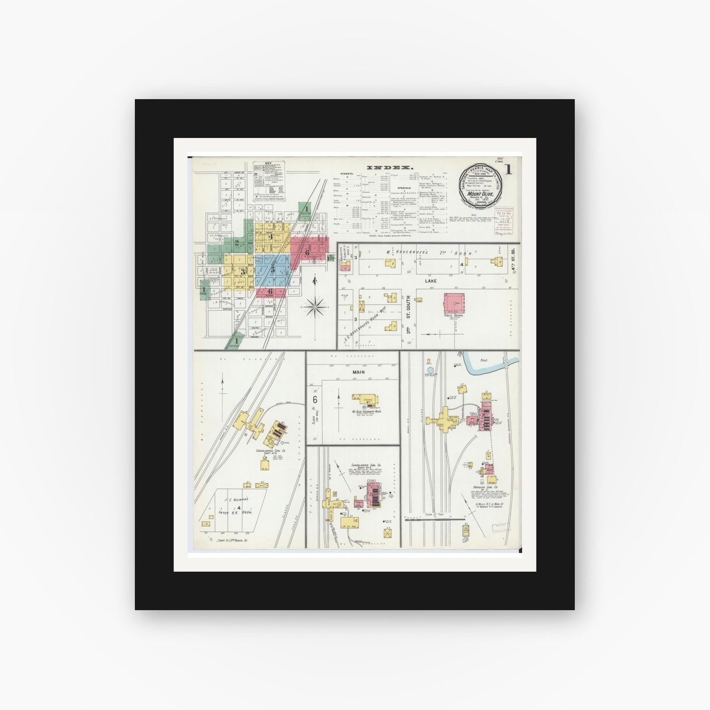 Old map wall art mockup — black gallery frame with white mat — Sanborn Fire Insurance Map from Mount Olive, Macoupin County, Illinois (1899) - Complete Map Set