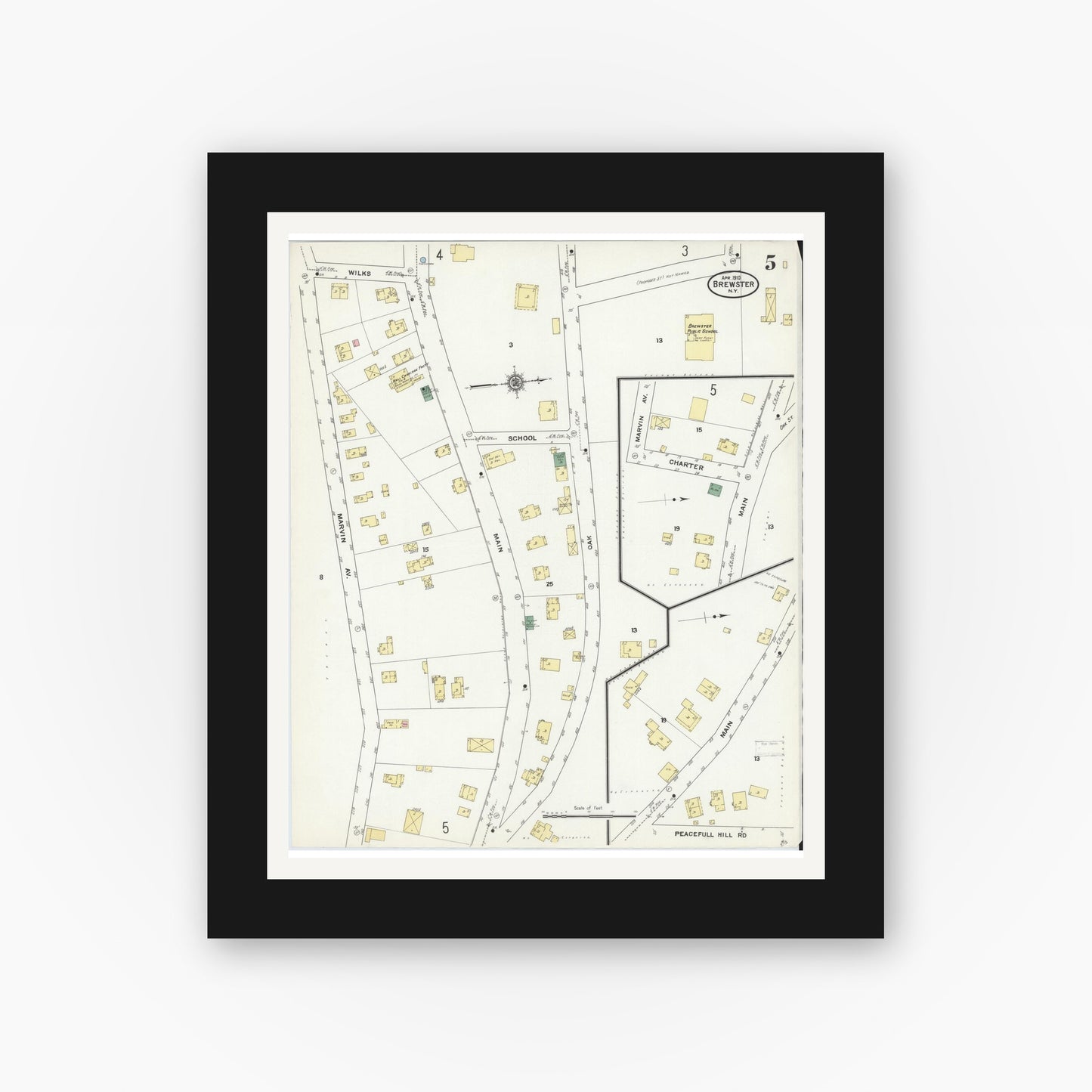 Old map wall art mockup — black gallery frame with white mat — Sanborn Fire Insurance Map from Brewster, Putnam County, New York (1910), Sheet #0005