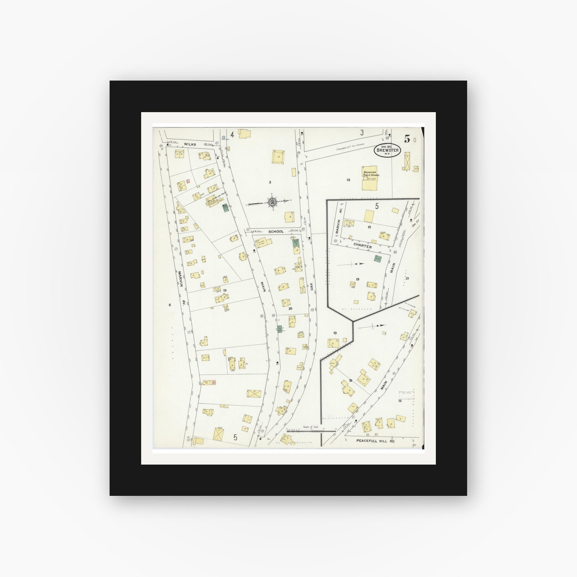 Old map wall art mockup — black gallery frame with white mat — Sanborn Fire Insurance Map from Brewster, Putnam County, New York (1910), Sheet #0005