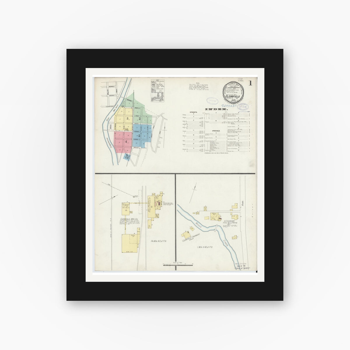 Old map wall art mockup — black gallery frame with white mat — Sanborn Fire Insurance Map from Clearfield, Clearfield County, Pennsylvania (1897), Sheet #0001