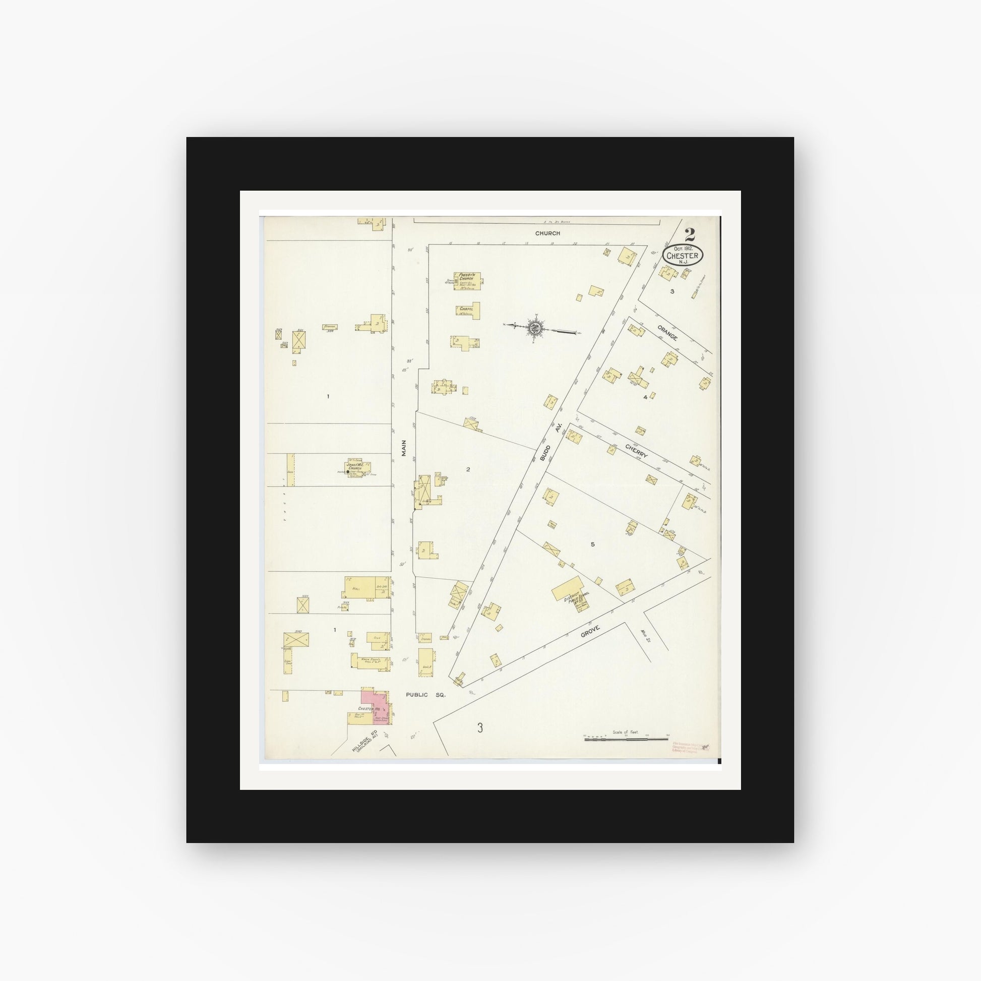 Old map wall art mockup — black gallery frame with white mat — Sanborn Fire Insurance Map from Chester, Morris County, New Jersey (1912), Sheet #0002