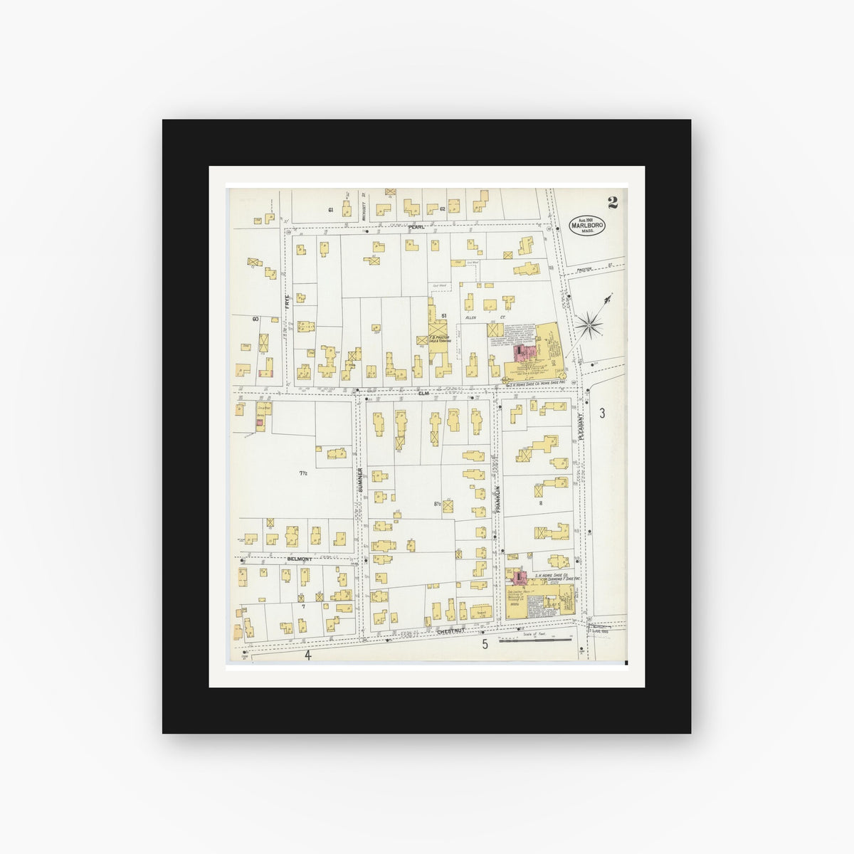 Old map wall art mockup — black gallery frame with white mat — Sanborn Fire Insurance Map from Marlborough, Middlesex County, Massachusetts (1901), Sheet #0002