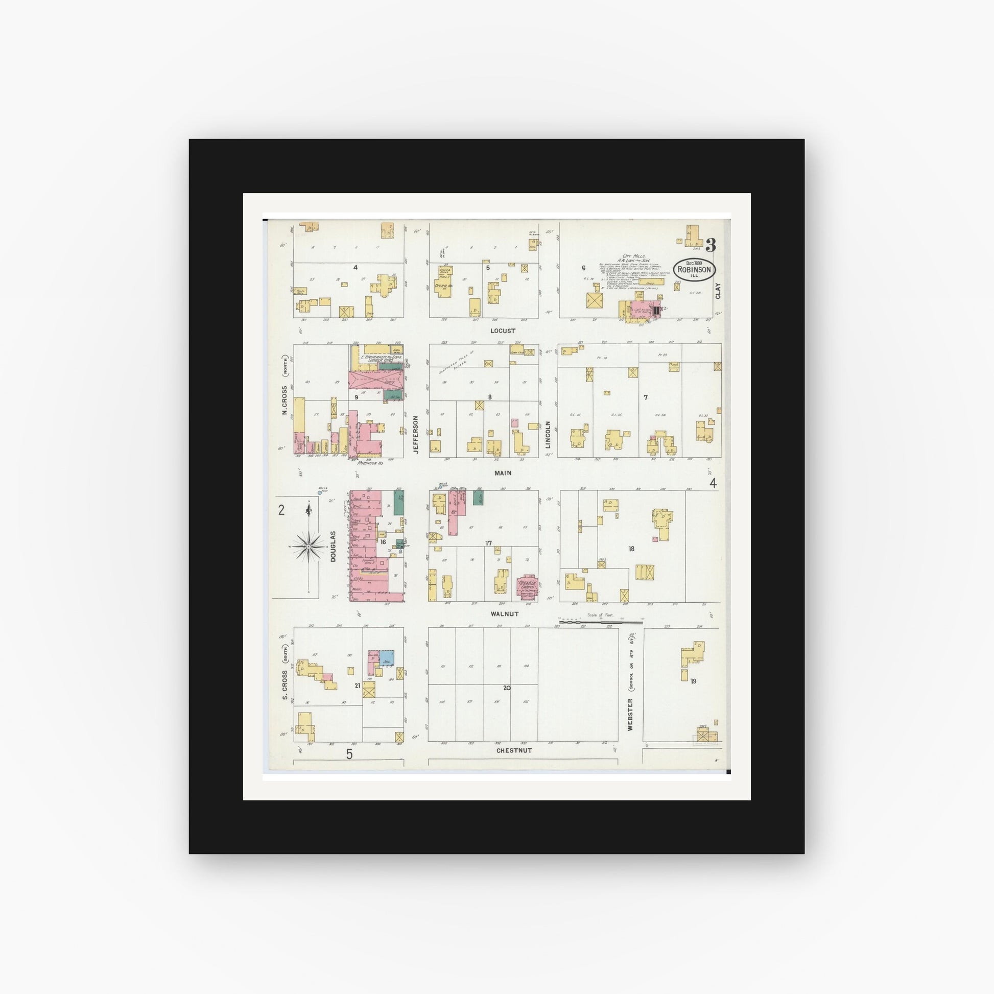 Old map wall art mockup — black gallery frame with white mat — Sanborn Fire Insurance Map from Robinson, Crawford County, Illinois (1899), Sheet #0003