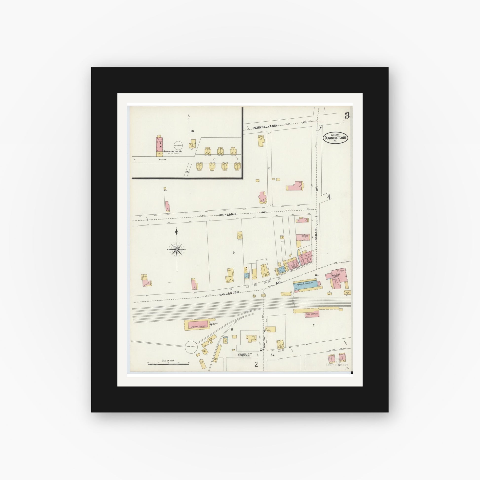 Old map wall art mockup — black gallery frame with white mat — Sanborn Fire Insurance Map from Downingtown, Chester County, Pennsylvania (1898), Sheet #0003