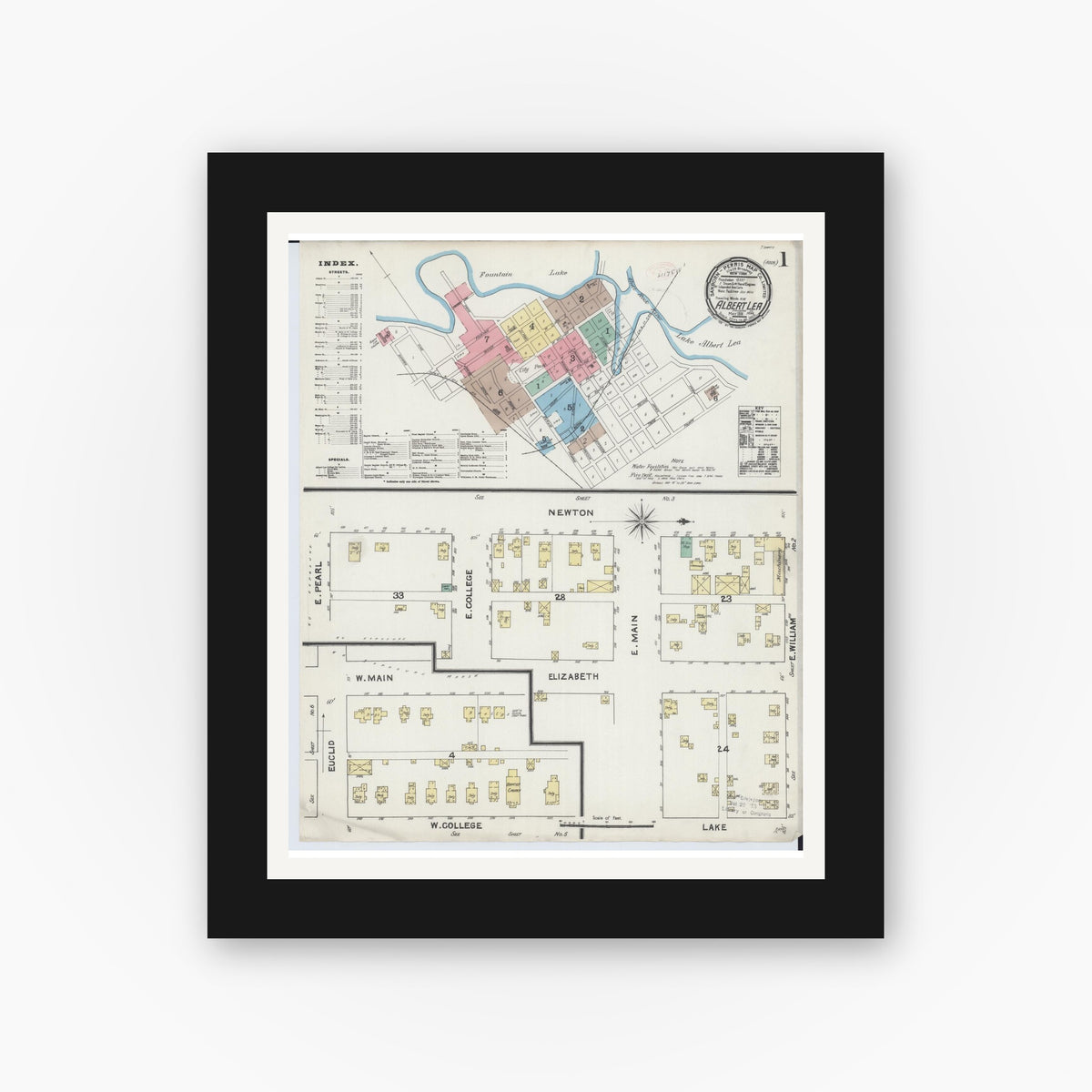 Old map wall art mockup — black gallery frame with white mat — Sanborn Fire Insurance Map from Albert Lea, Freeborn County, Minnesota (1891), Sheet #0001