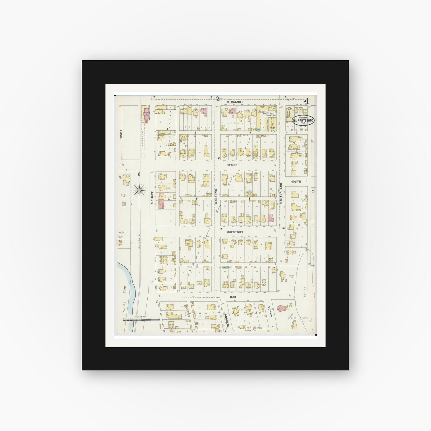 Old map wall art mockup — black gallery frame with white mat — Sanborn Fire Insurance Map from Murphysboro, Jackson County, Illinois (1897), Sheet #0004