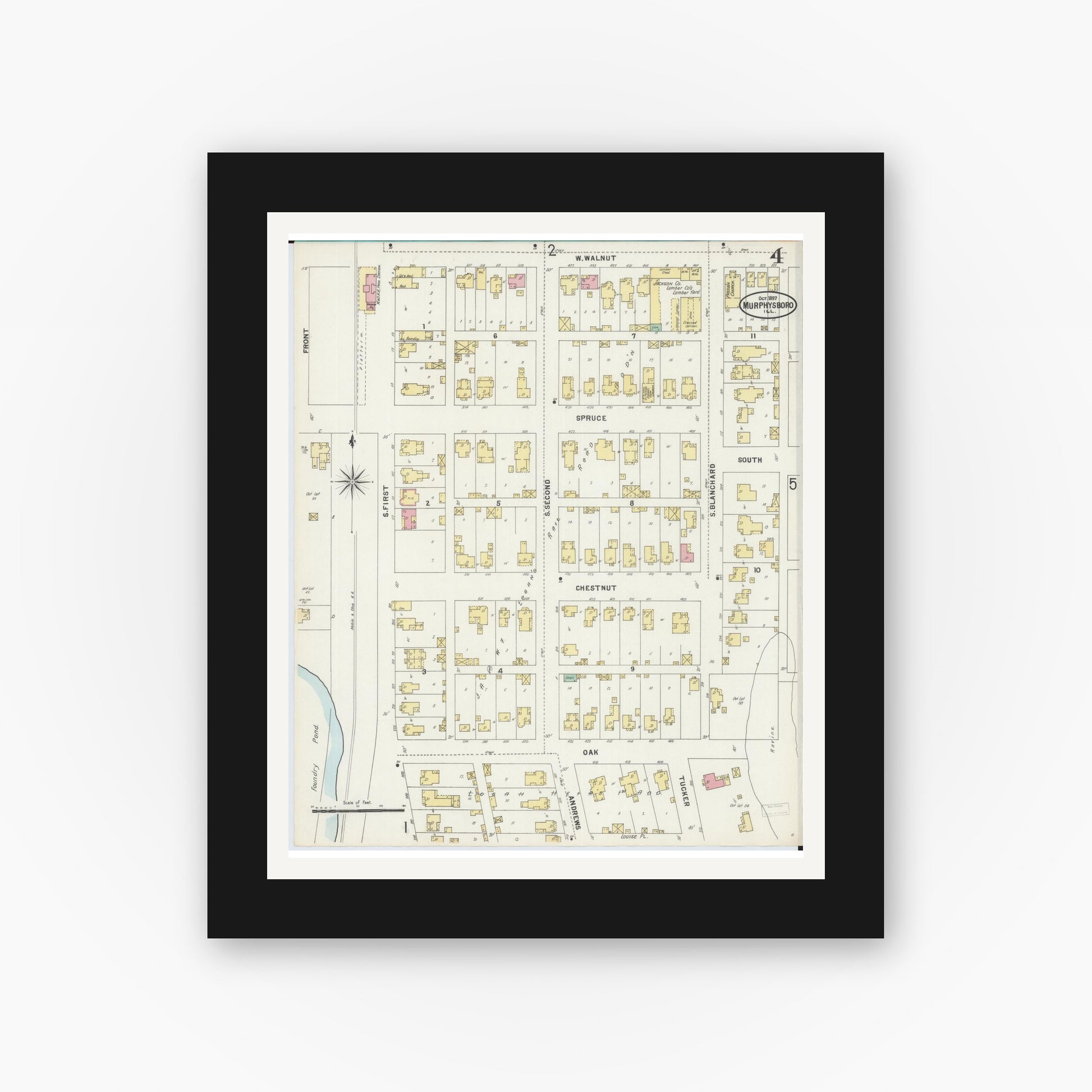 Old map wall art mockup — black gallery frame with white mat — Sanborn Fire Insurance Map from Murphysboro, Jackson County, Illinois (1897), Sheet #0004