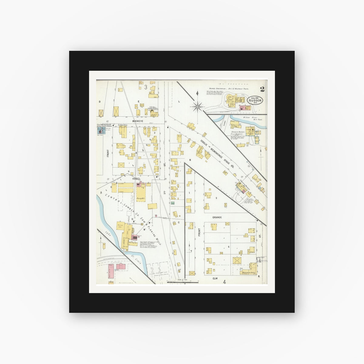 Old map wall art mockup — black gallery frame with white mat — Sanborn Fire Insurance Map from Hudson, St. Croix County, Wisconsin (1900), Sheet #0002