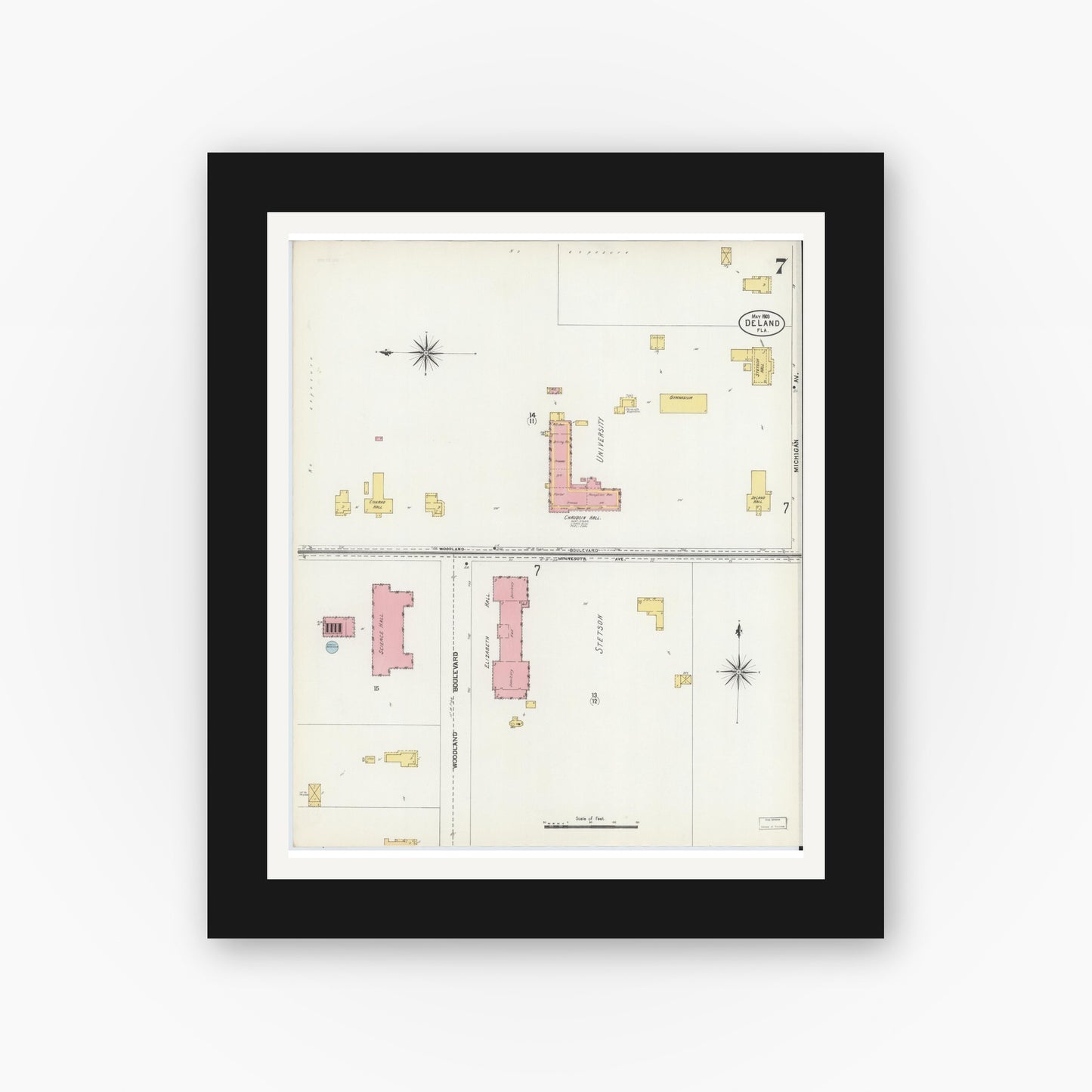 Old map wall art mockup — black gallery frame with white mat — Sanborn Fire Insurance Map from De Land, Volusia County, Florida (1903), Sheet #0007