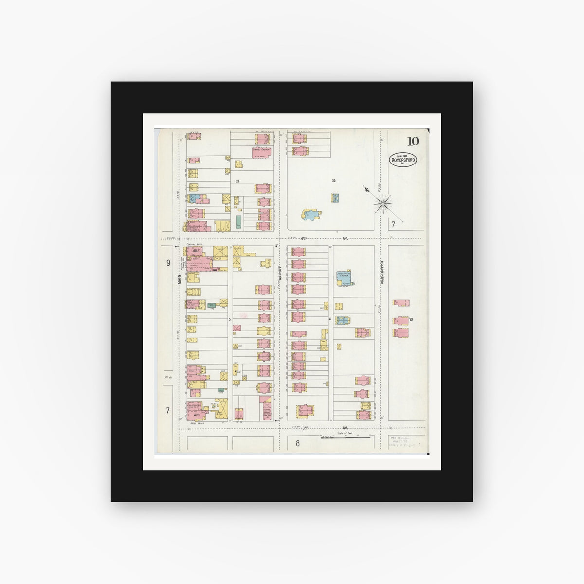Old map wall art mockup — black gallery frame with white mat — Sanborn Fire Insurance Map from Royersford, Montgomery County, Pennsylvania (1902), Sheet #0010