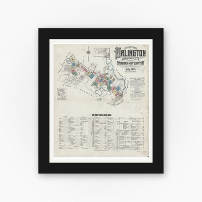 Old map wall art mockup — black gallery frame with white mat — Sanborn Fire Insurance Map from Arlington, Middlesex County, Massachusetts (1914) - Complete Map Set