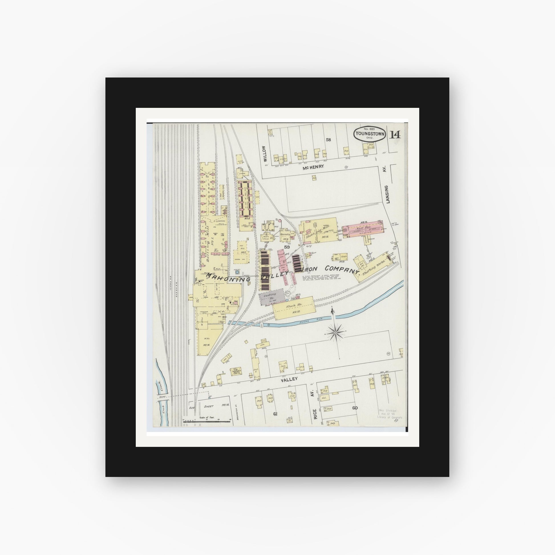 Old map wall art mockup — black gallery frame with white mat — Sanborn Fire Insurance Map from Youngstown, Mahoning County, Ohio (1889), Sheet #0014