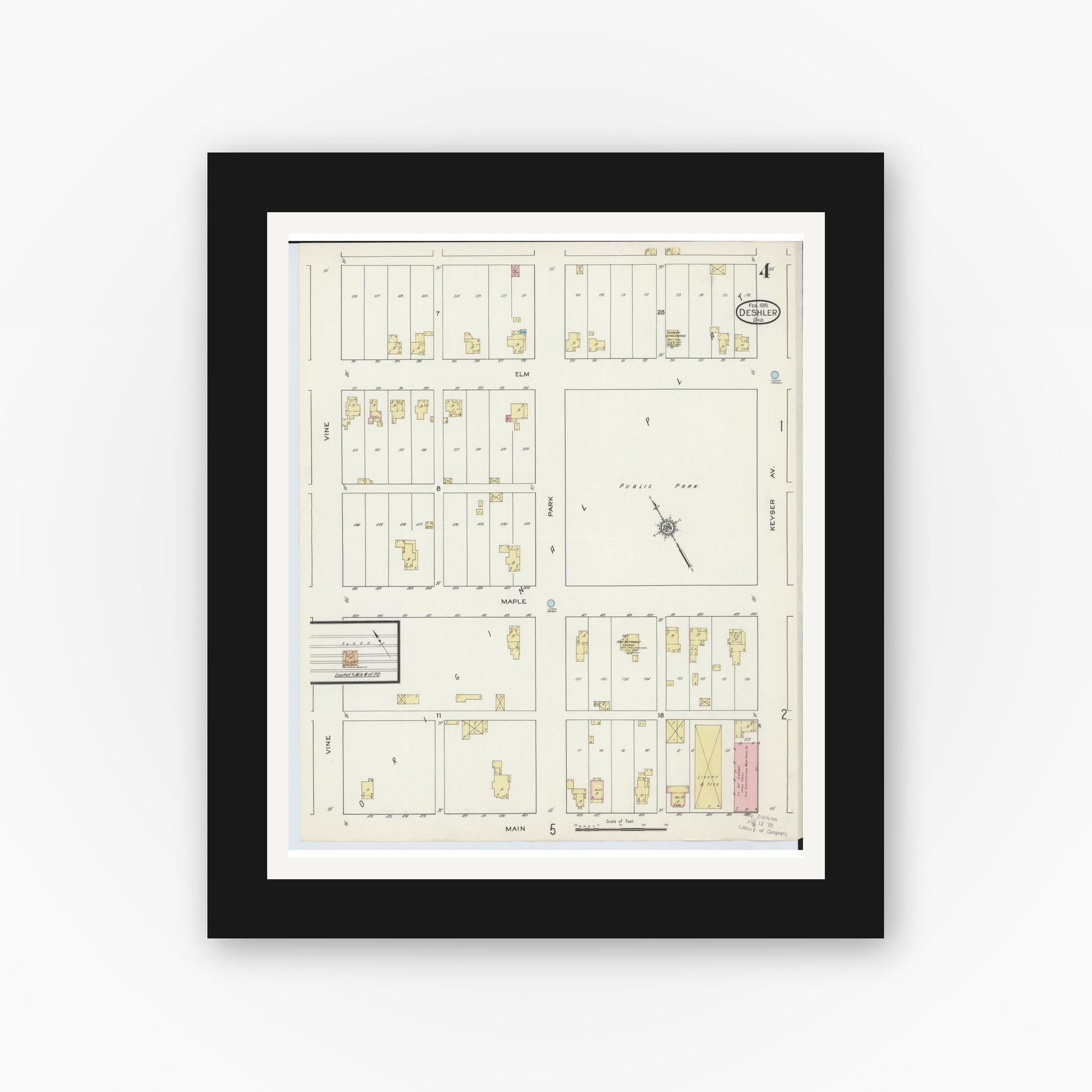 Old map wall art mockup — black gallery frame with white mat — Sanborn Fire Insurance Map from Deshler, Henry County, Ohio (1915), Sheet #0004