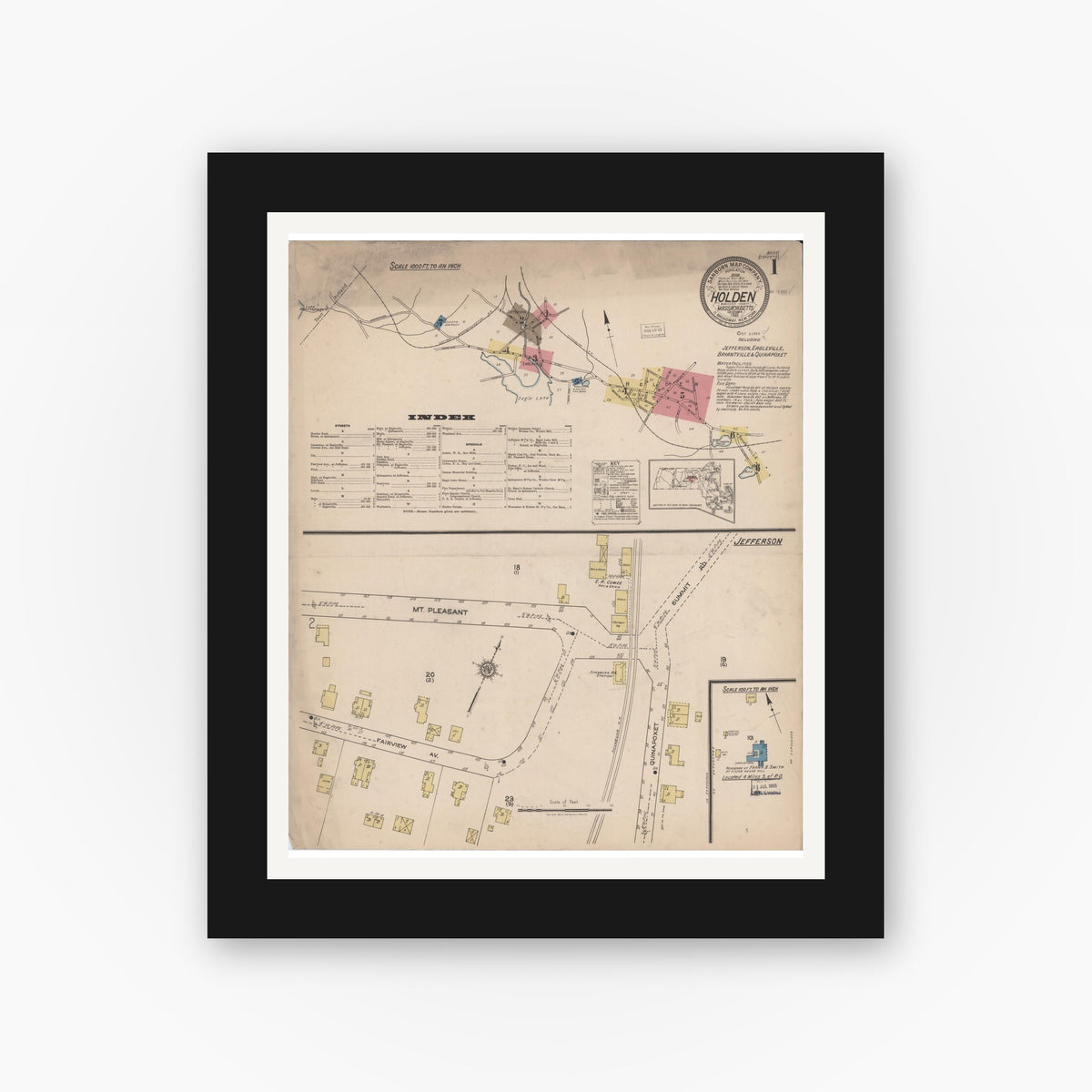 Old map wall art mockup — black gallery frame with white mat — Sanborn Fire Insurance Map from Holden, Worcester County, Massachusetts (1921) - Complete Map Set