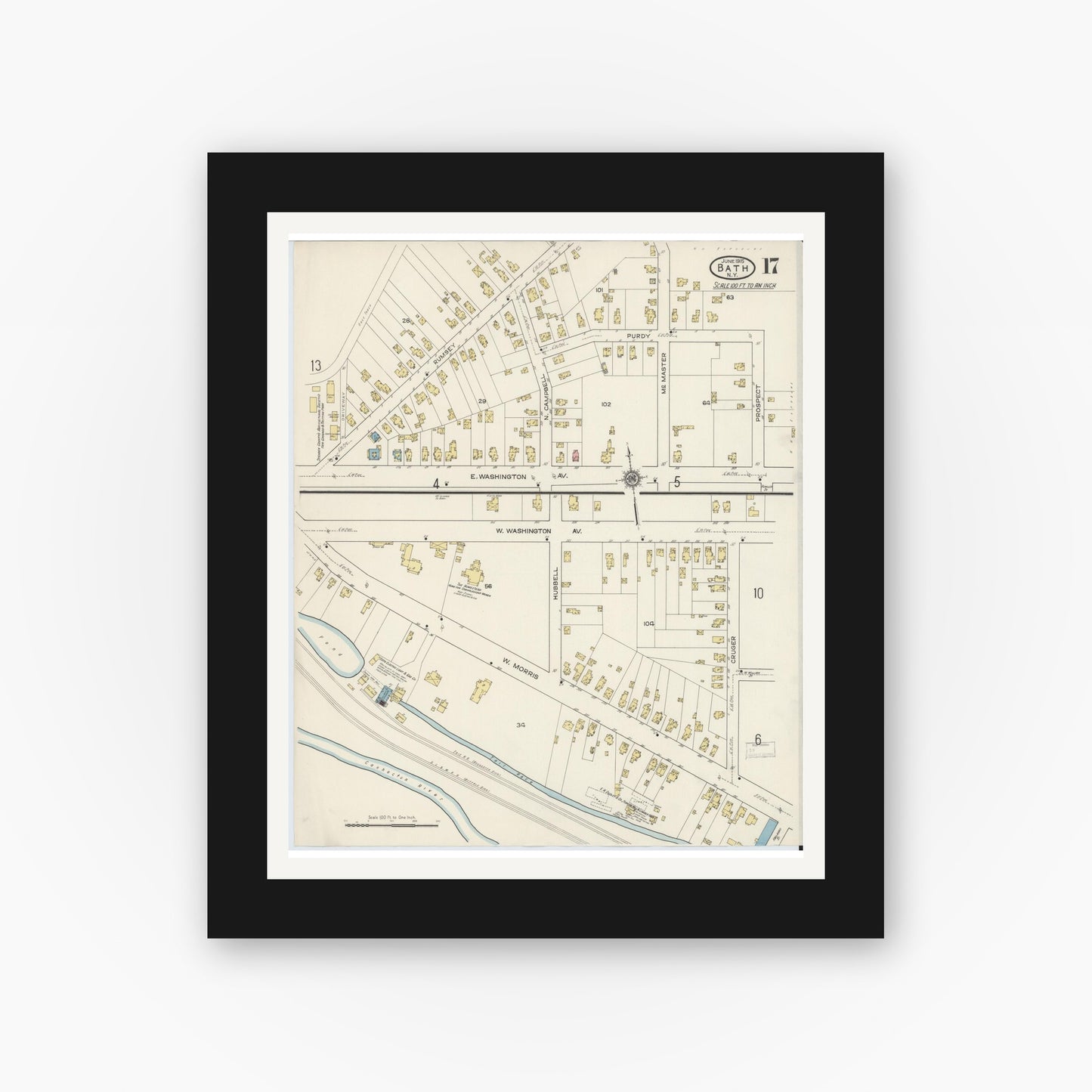 Old map wall art mockup — black gallery frame with white mat — Sanborn Fire Insurance Map from Bath, Steuben County, New York (1915), Sheet #0017