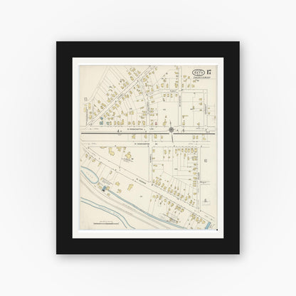 Old map wall art mockup — black gallery frame with white mat — Sanborn Fire Insurance Map from Bath, Steuben County, New York (1915), Sheet #0017