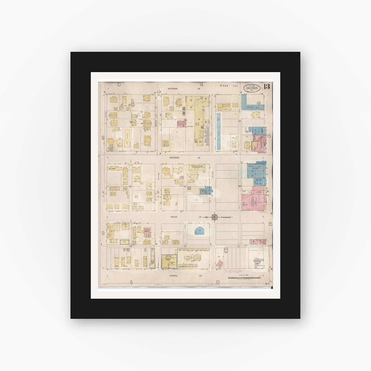 Old map wall art mockup — black gallery frame with white mat — Sanborn Fire Insurance Map from Calexico, Imperial County, California (1949), Sheet #0013
