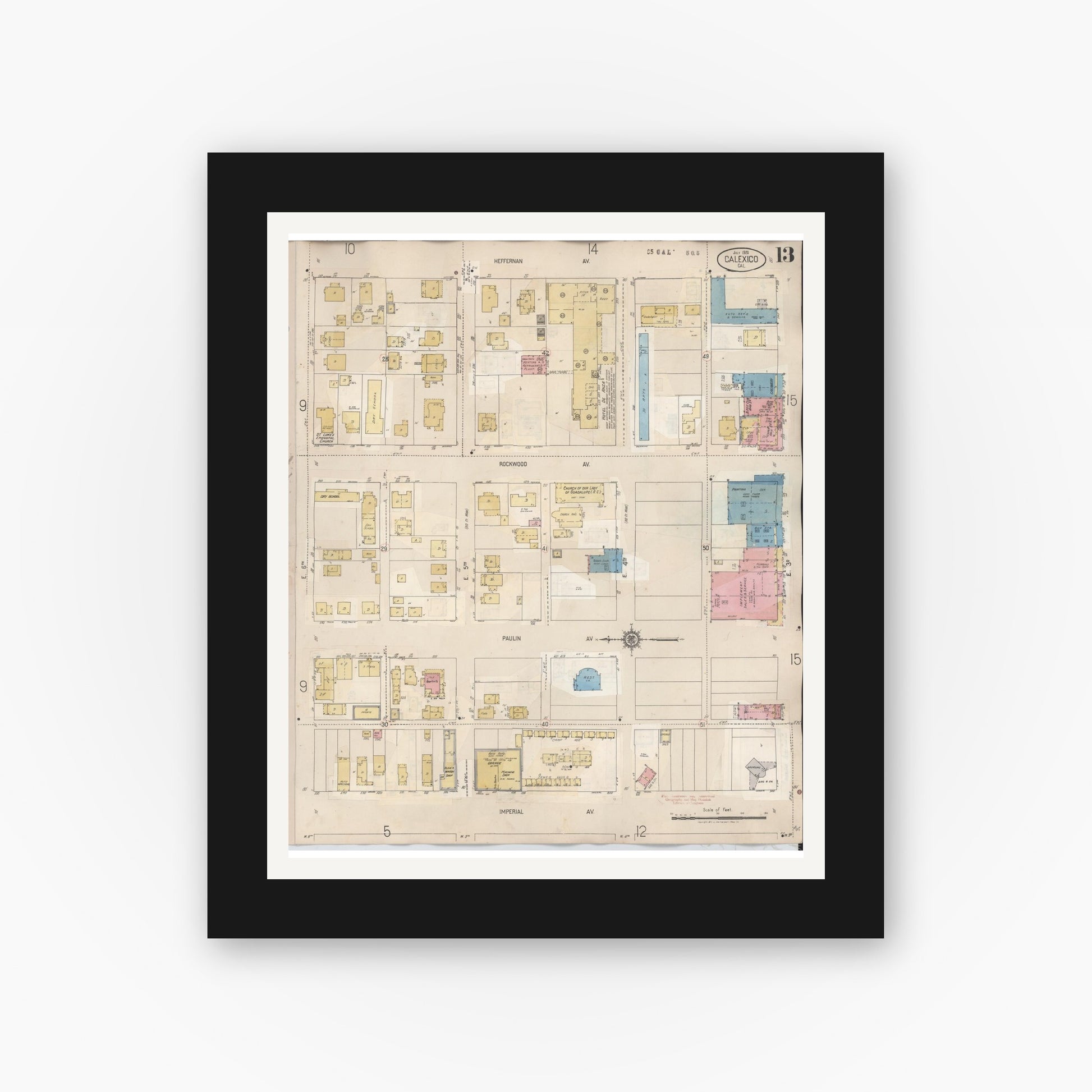 Old map wall art mockup — black gallery frame with white mat — Sanborn Fire Insurance Map from Calexico, Imperial County, California (1949), Sheet #0013