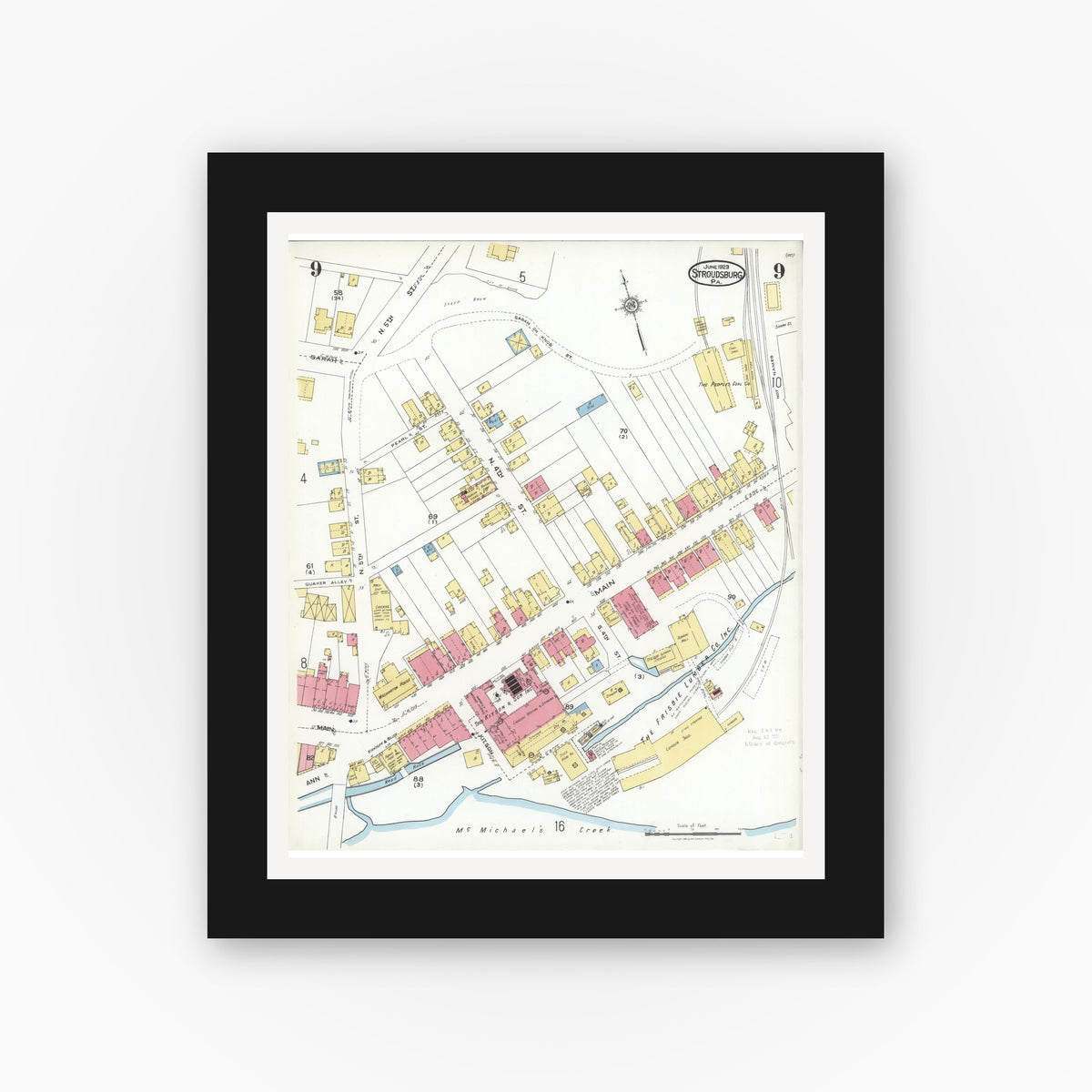Old map wall art mockup — black gallery frame with white mat — Sanborn Fire Insurance Map from Stroudsburg, Monroe County, Pennsylvania (1923), Sheet #0009