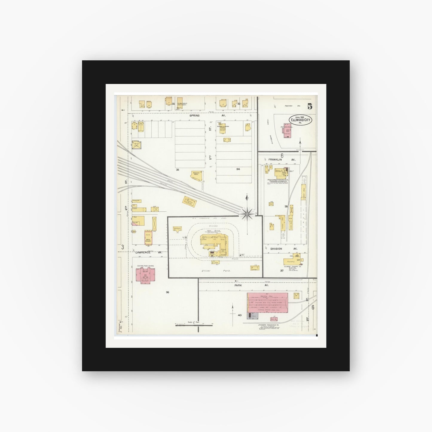 Old map wall art mockup — black gallery frame with white mat — Sanborn Fire Insurance Map from Ellwood City, Lawrence County, Pennsylvania (1903), Sheet #0005