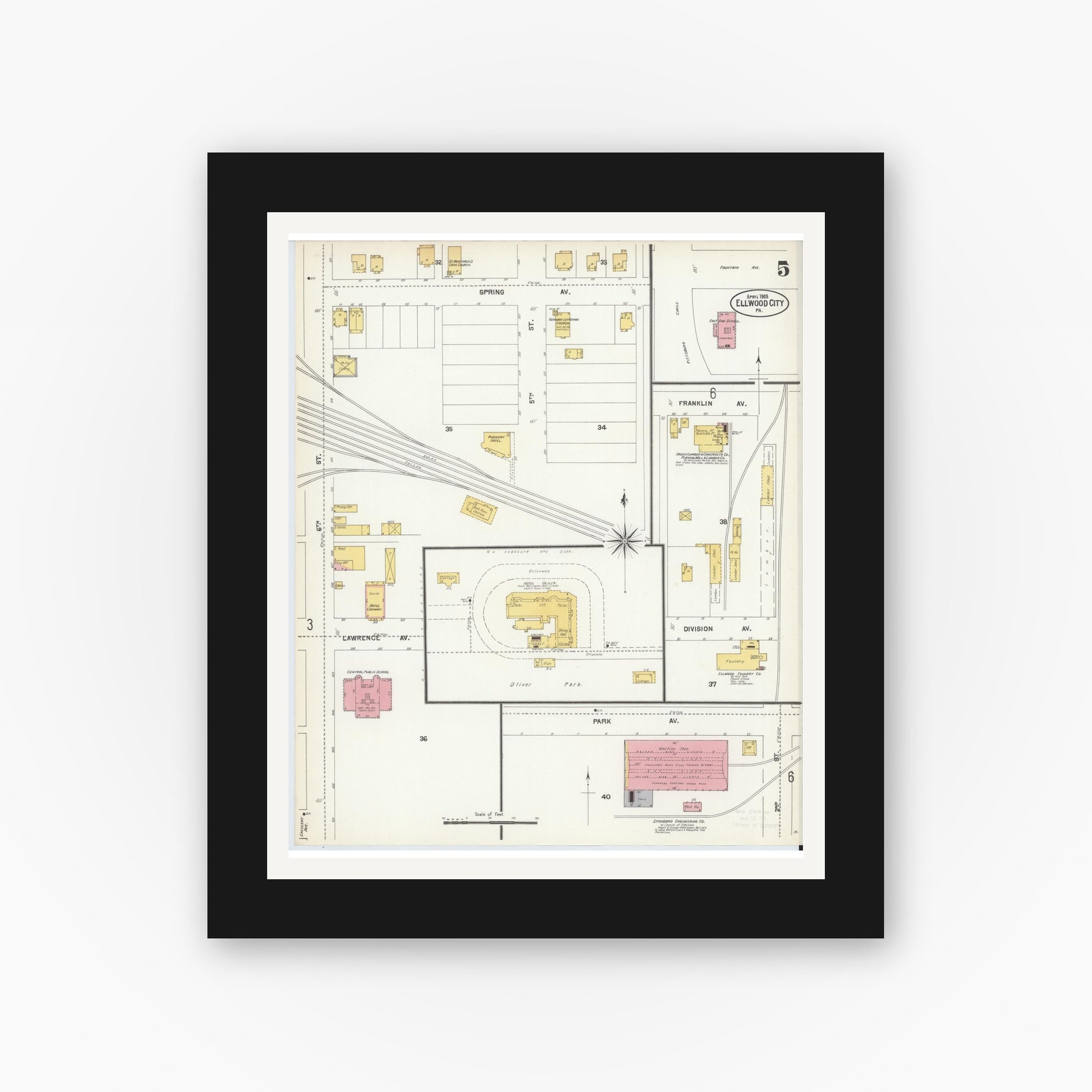 Old map wall art mockup — black gallery frame with white mat — Sanborn Fire Insurance Map from Ellwood City, Lawrence County, Pennsylvania (1903), Sheet #0005