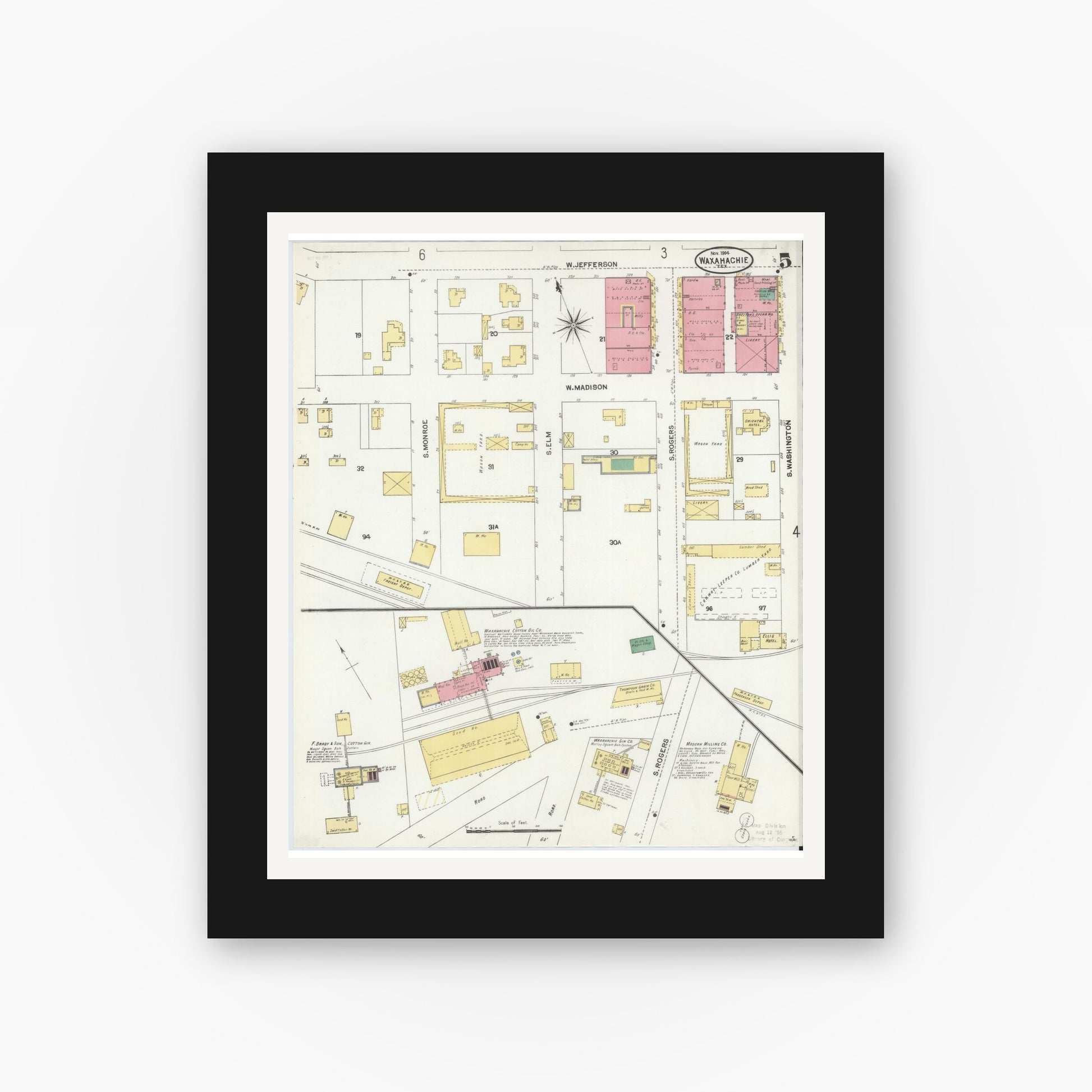 Old map wall art mockup — black gallery frame with white mat — Sanborn Fire Insurance Map from Waxahachie, Ellis County, Texas (1904), Sheet #0005