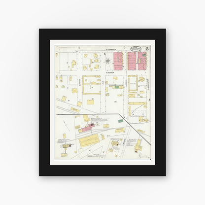 Old map wall art mockup — black gallery frame with white mat — Sanborn Fire Insurance Map from Waxahachie, Ellis County, Texas (1904), Sheet #0005