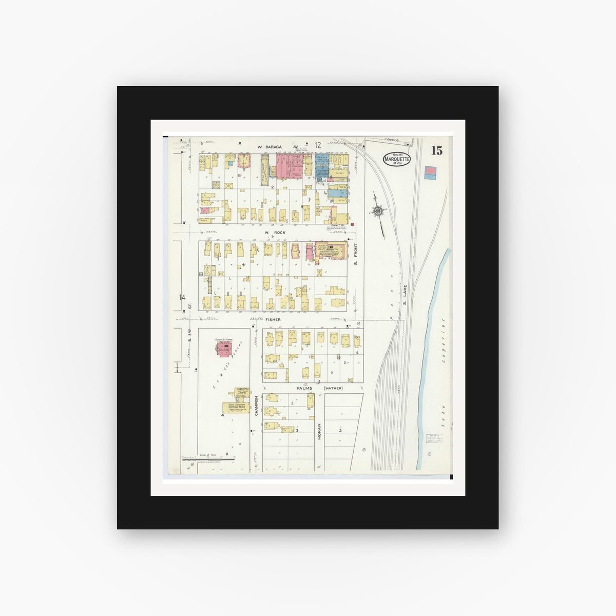 Old map wall art mockup — black gallery frame with white mat — Sanborn Fire Insurance Map from Marquette, Marquette County, Michigan (1917), Sheet #0015