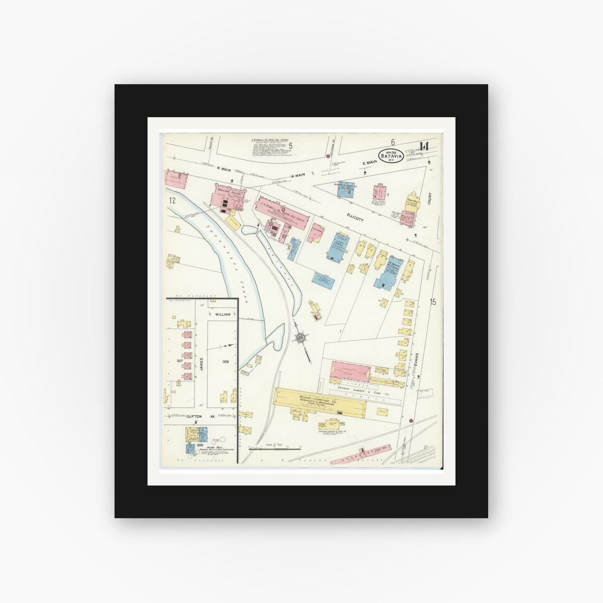 Old map wall art mockup — black gallery frame with white mat — Sanborn Fire Insurance Map from Batavia, Genesee County, New York (1912), Sheet #0014