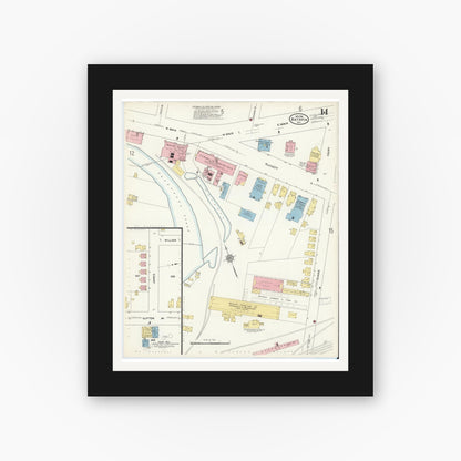 Old map wall art mockup — black gallery frame with white mat — Sanborn Fire Insurance Map from Batavia, Genesee County, New York (1912), Sheet #0014