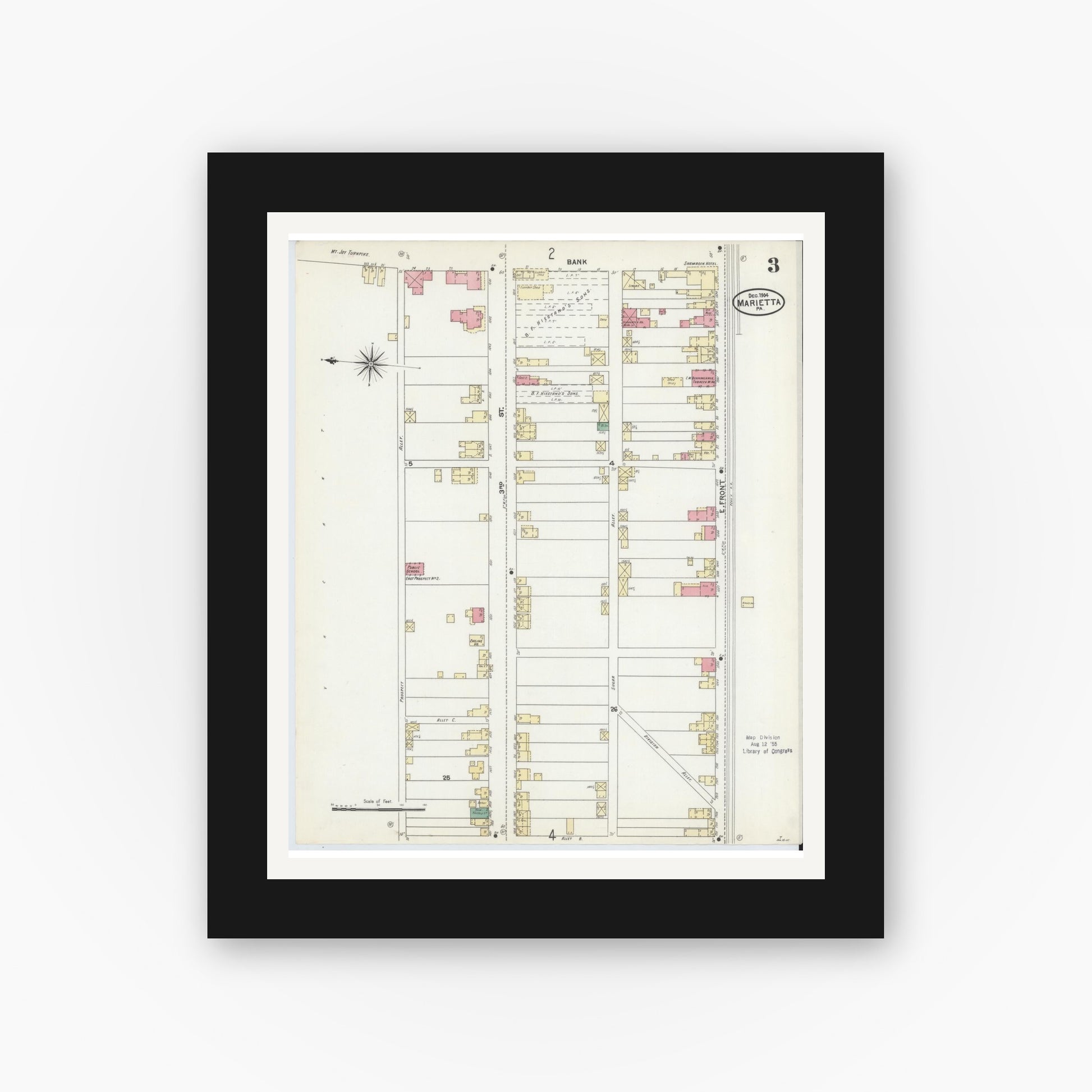 Old map wall art mockup — black gallery frame with white mat — Sanborn Fire Insurance Map from Marietta, Lancaster County, Pennsylvania (1904), Sheet #0003