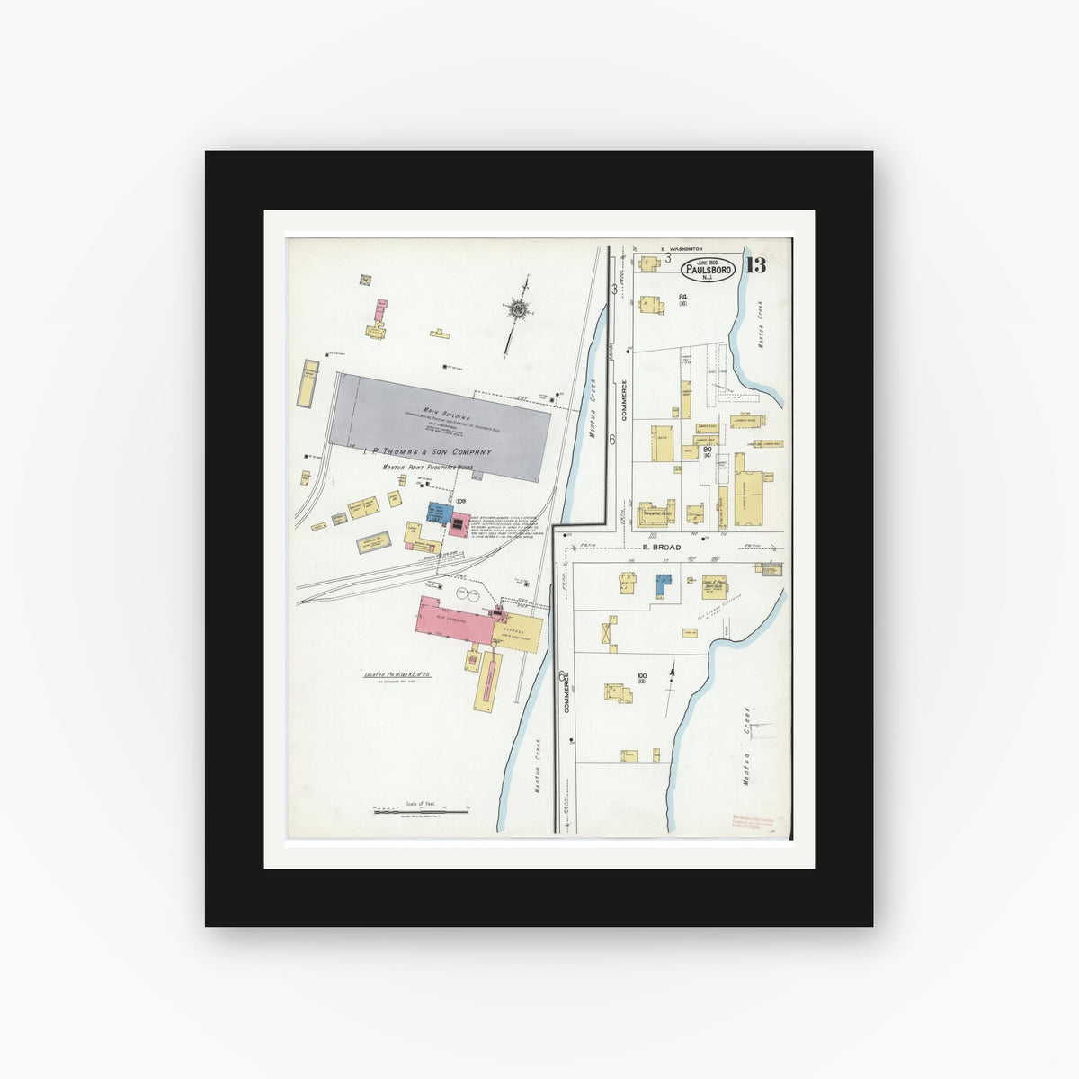 Old map wall art mockup — black gallery frame with white mat — Sanborn Fire Insurance Map from Paulsboro, Gloucester County, New Jersey (1920), Sheet #0013