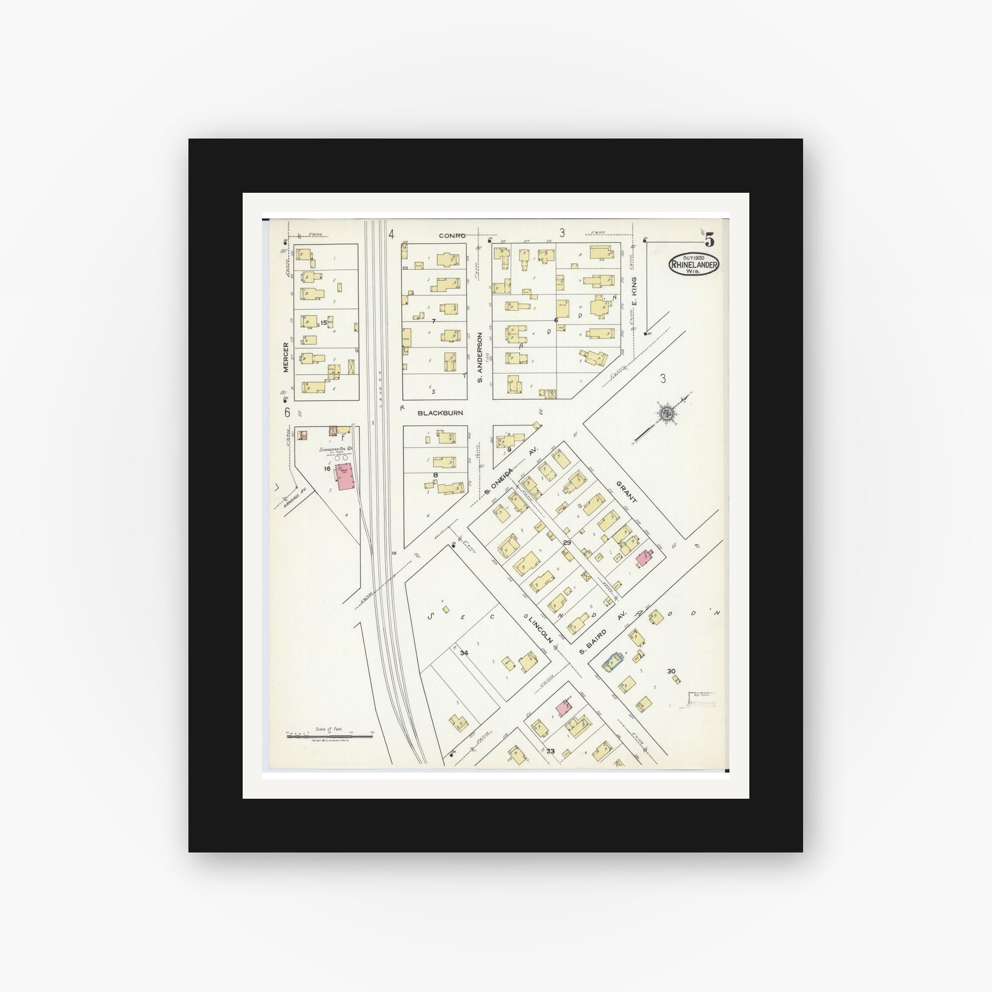 Old map wall art mockup — black gallery frame with white mat — Sanborn Fire Insurance Map from Rhinelander, Oneida County, Wisconsin (1920), Sheet #0005