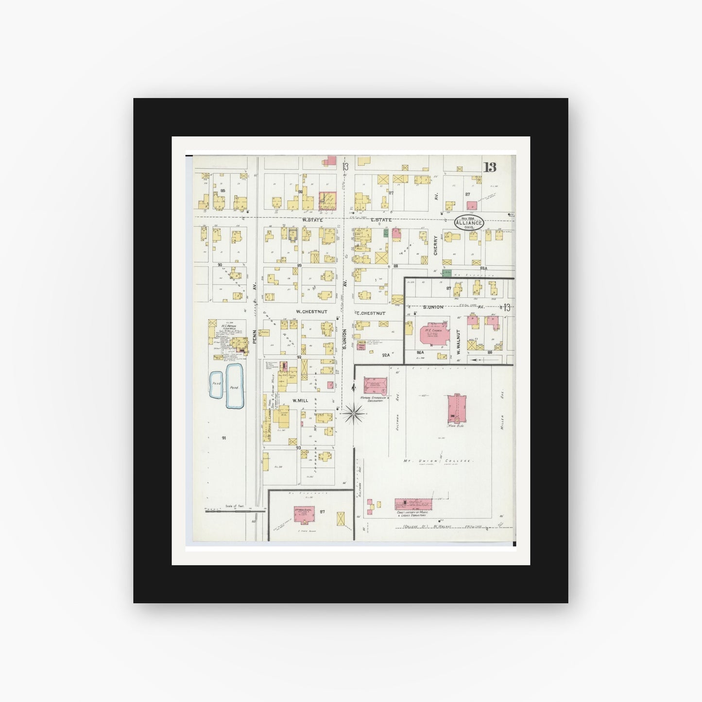 Old map wall art mockup — black gallery frame with white mat — Sanborn Fire Insurance Map from Alliance, Stark County, Ohio (1904), Sheet #0013