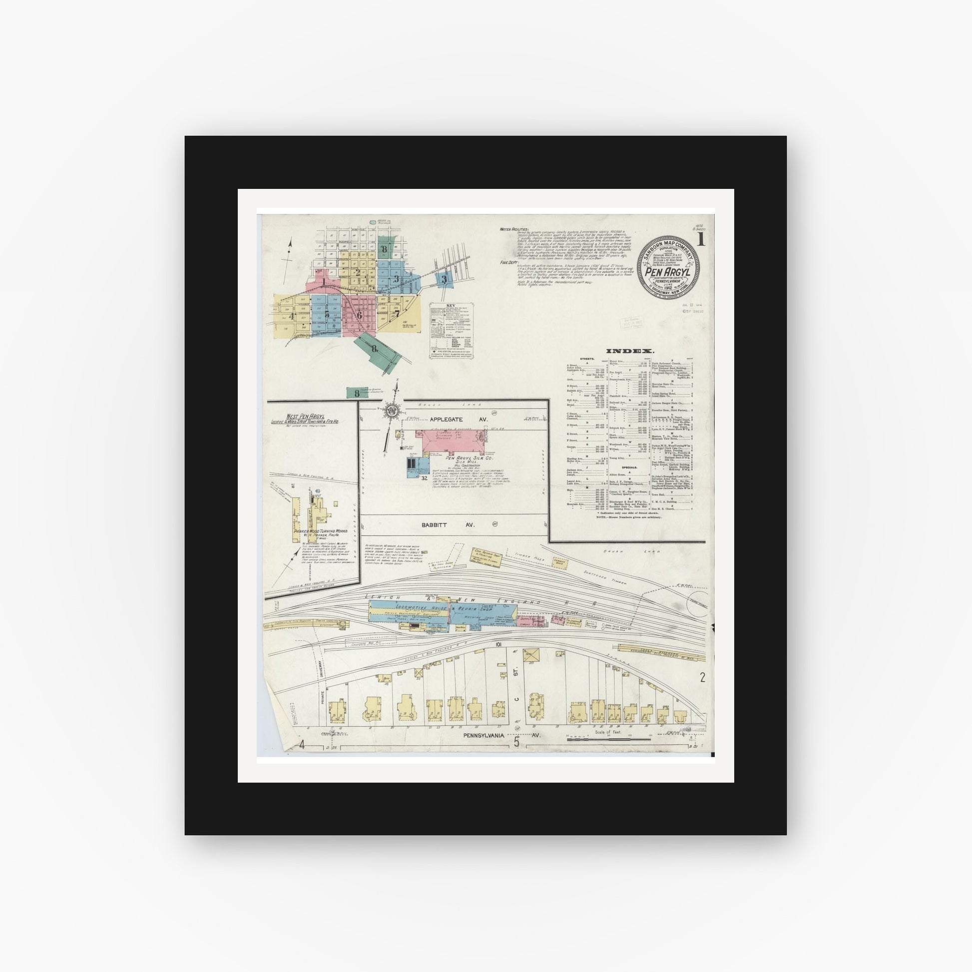 Old map wall art mockup — black gallery frame with white mat — Sanborn Fire Insurance Map from Pen Argyl, Northampton County, Pennsylvania (1912), Sheet #0001