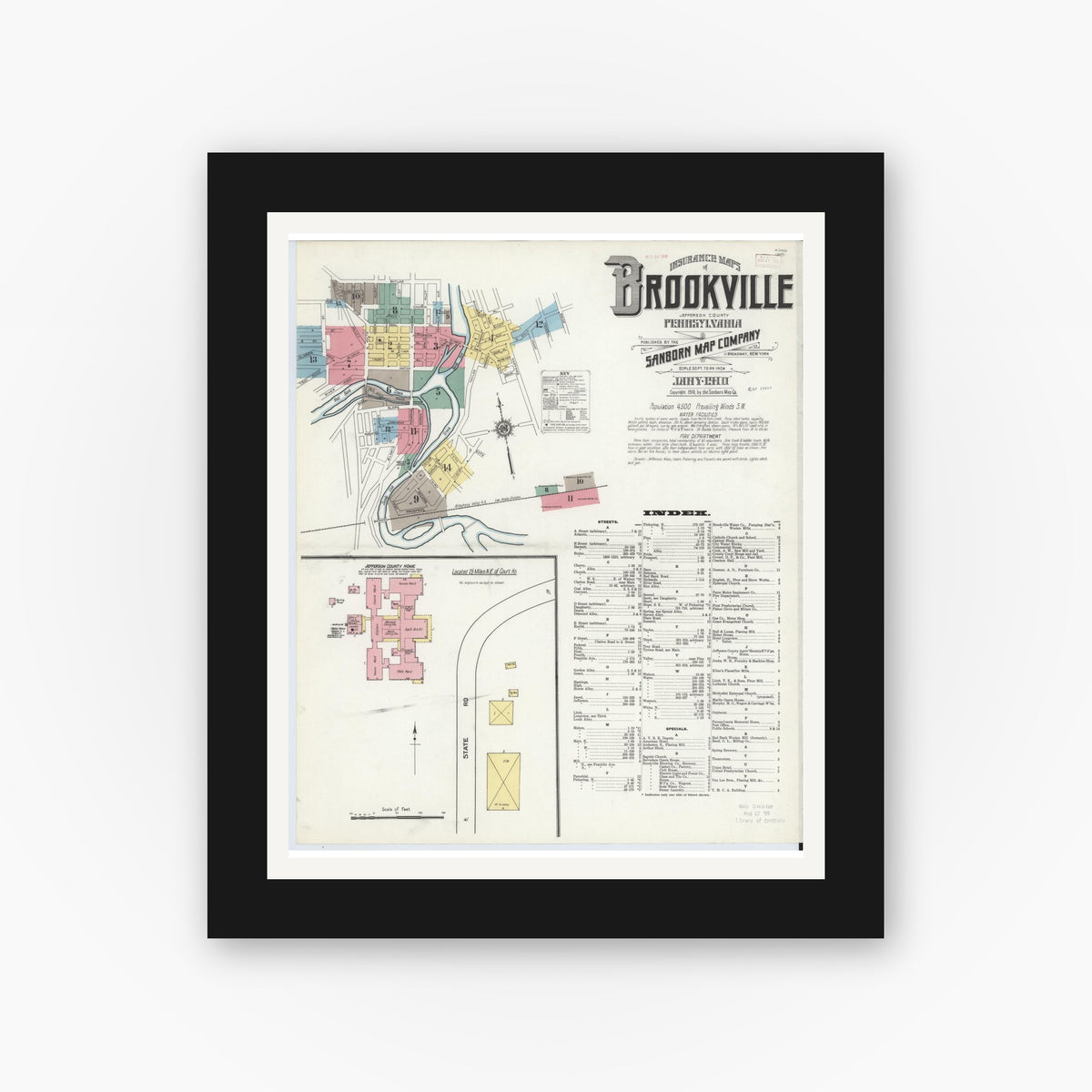 Old map wall art mockup — black gallery frame with white mat — Sanborn Fire Insurance Map from Brookville, Jefferson County, Pennsylvania (1910) - Complete Map Set
