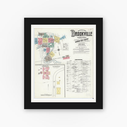 Old map wall art mockup — black gallery frame with white mat — Sanborn Fire Insurance Map from Brookville, Jefferson County, Pennsylvania (1910) - Complete Map Set