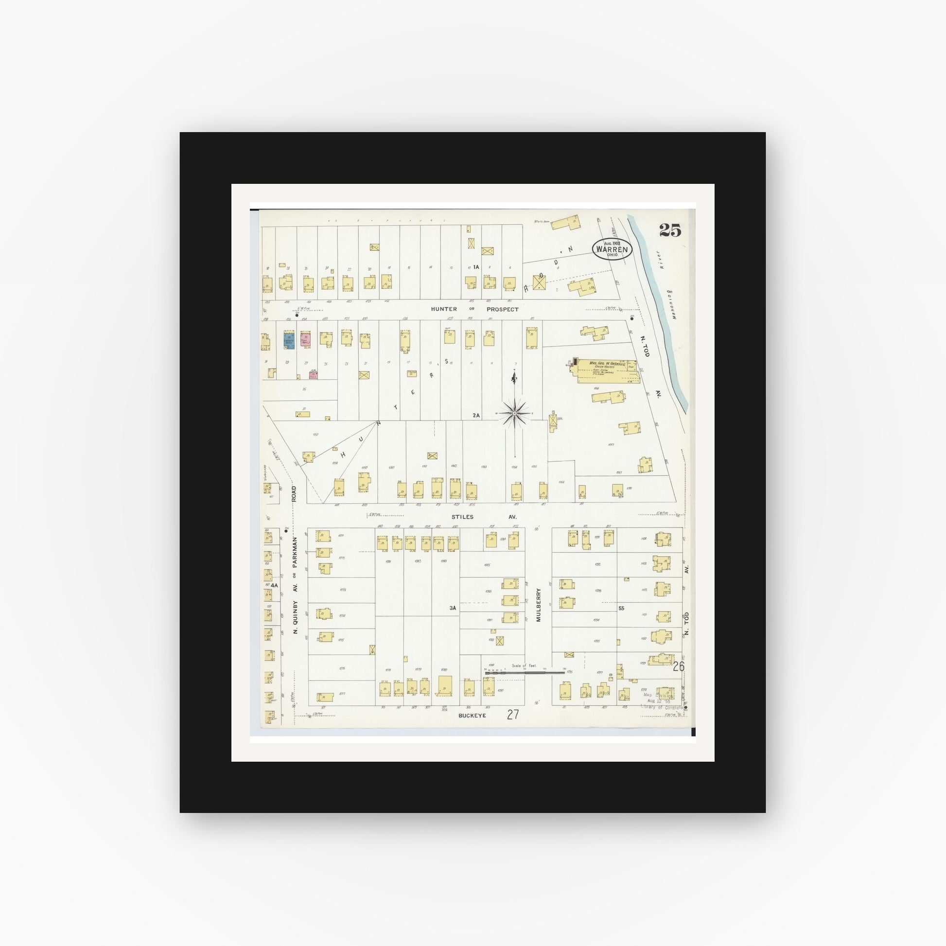 Old map wall art mockup — black gallery frame with white mat — Sanborn Fire Insurance Map from Warren, Trumbull County, Ohio (1908), Sheet #0025
